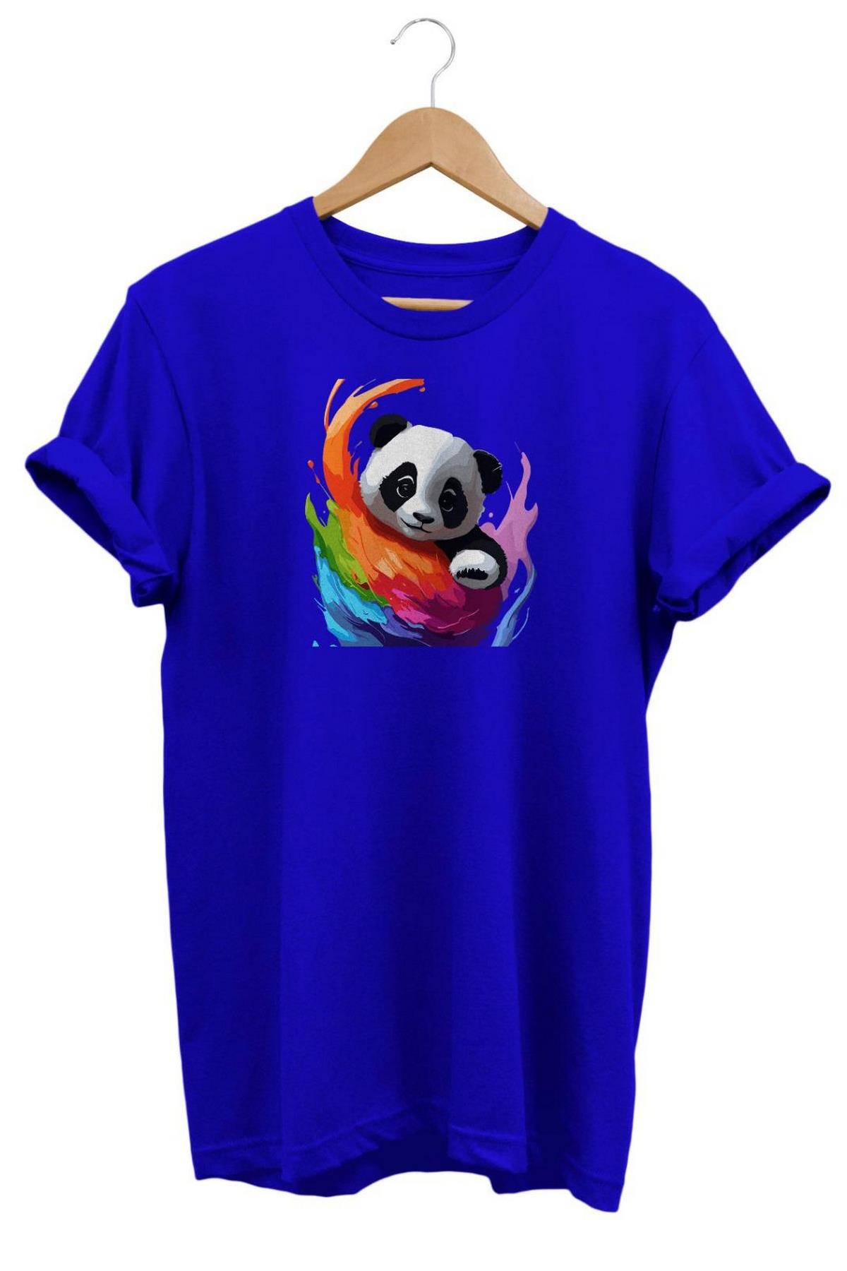 Relax Renkli Panda Baskılı T-Shirt Mavi