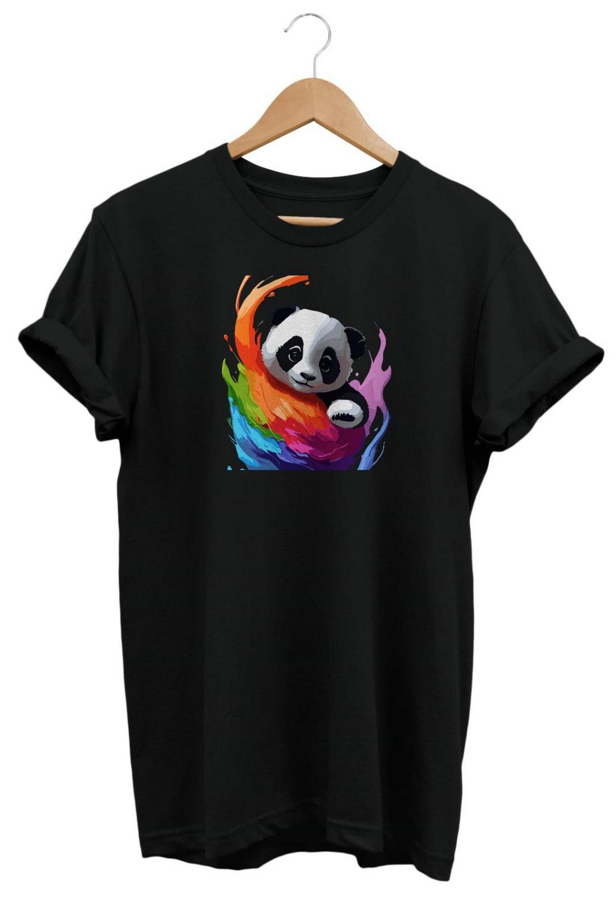 Relax Renkli Panda Baskılı T-Shirt Siyah