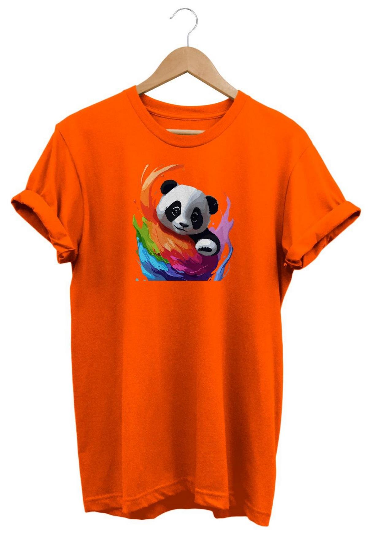 Relax Renkli Panda Baskılı T-Shirt Turuncu