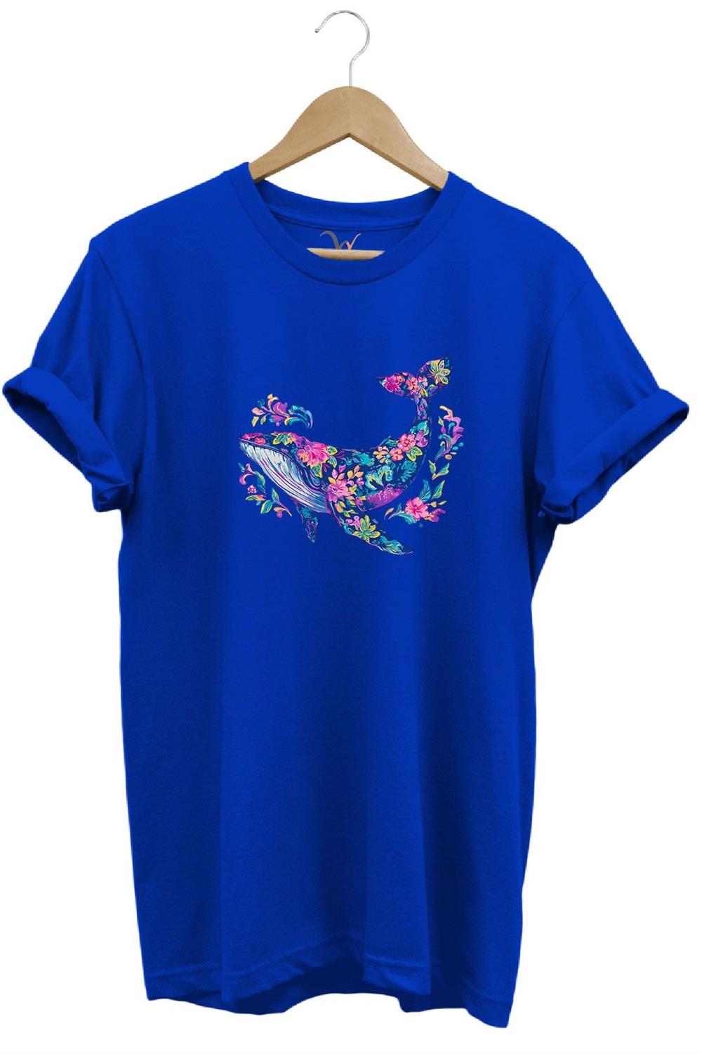 Renkli Balık Balina Desenli Baskılı %100 Pamuk Regular Fit Unisex T-Shirt - Mavi