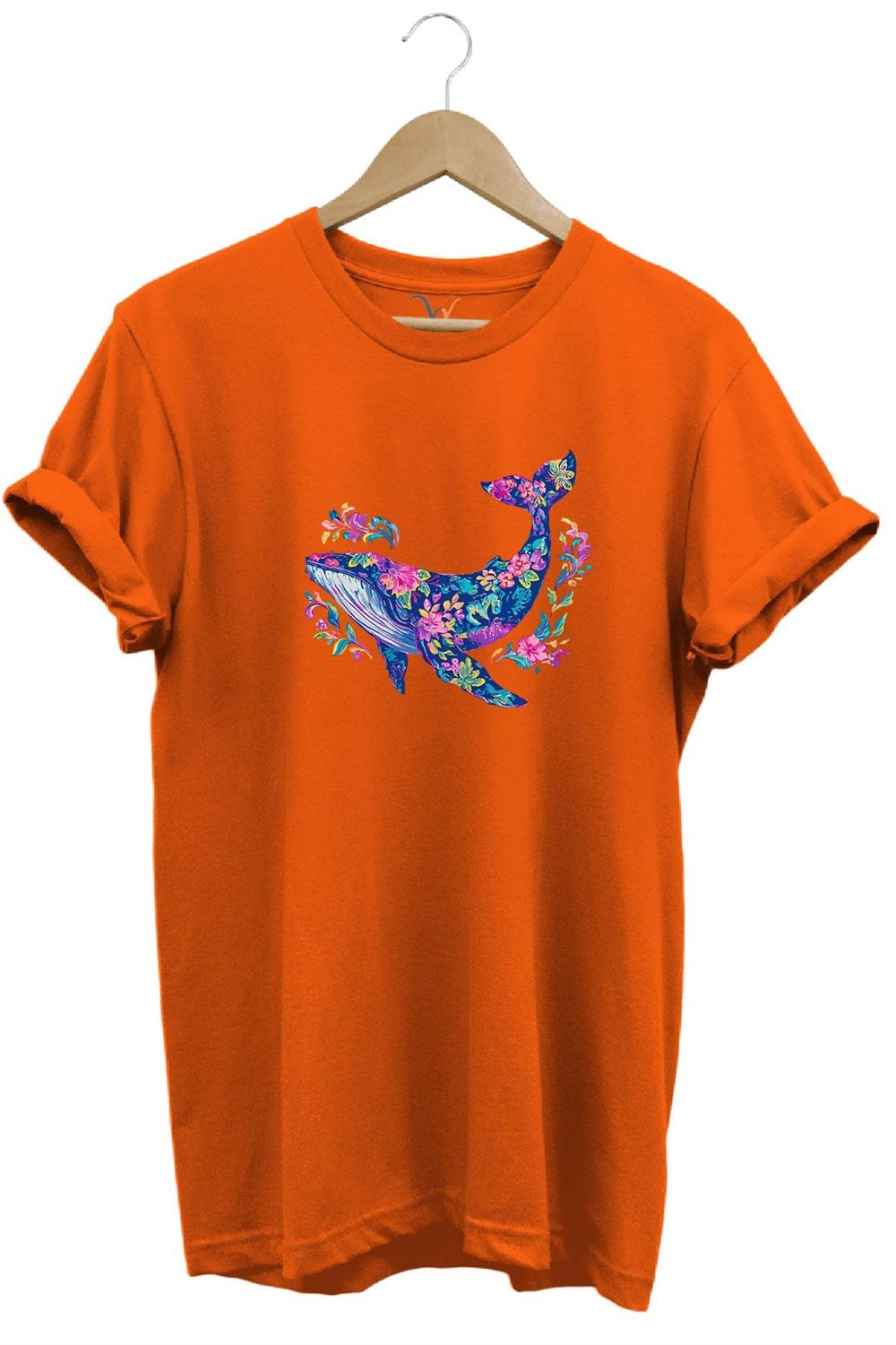 Renkli Balık Balina Desenli Baskılı %100 Pamuk Regular Fit Unisex T-Shirt - Turuncu
