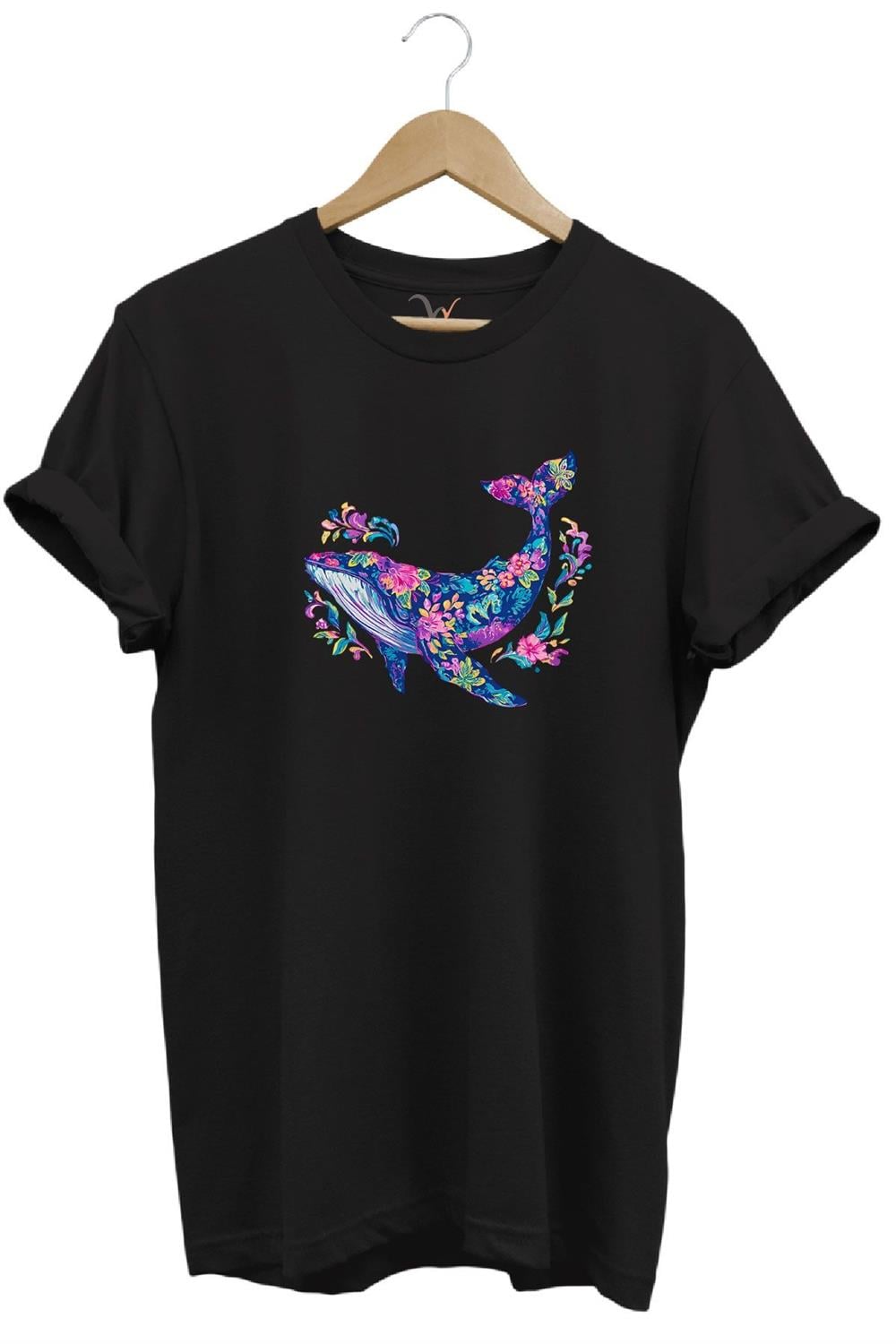 Renkli Balık Balina Desenli Baskılı %100 Pamuk Regular Fit Unisex T-Shirt - Siyah