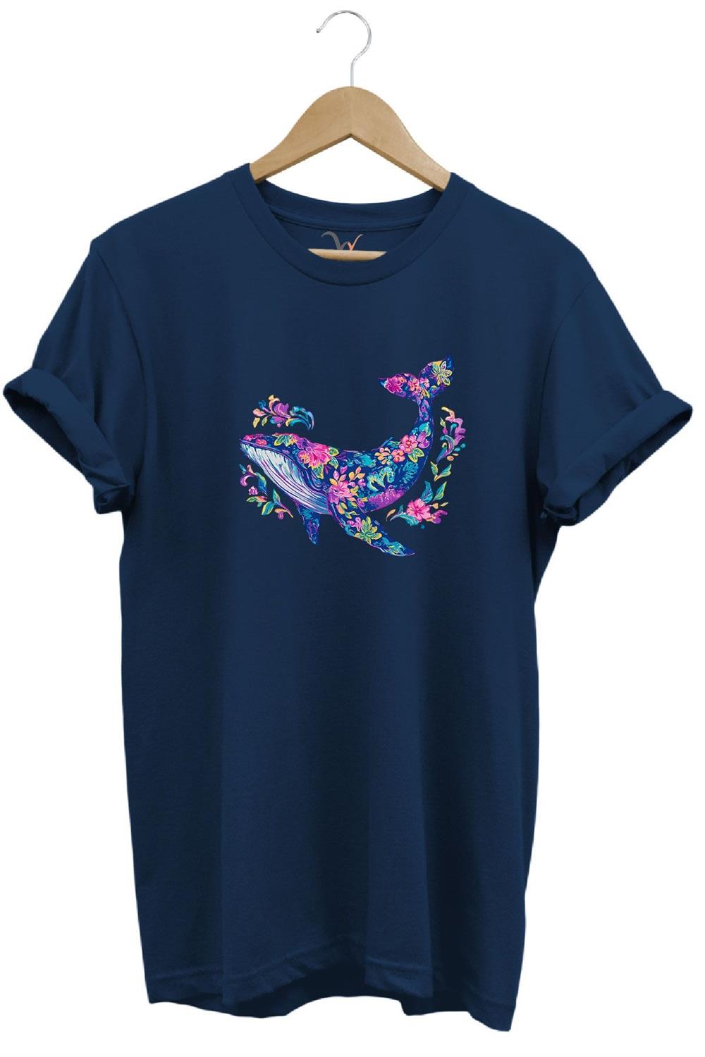 Renkli Balık Balina Desenli Baskılı %100 Pamuk Regular Fit Unisex T-Shirt - Lacivert