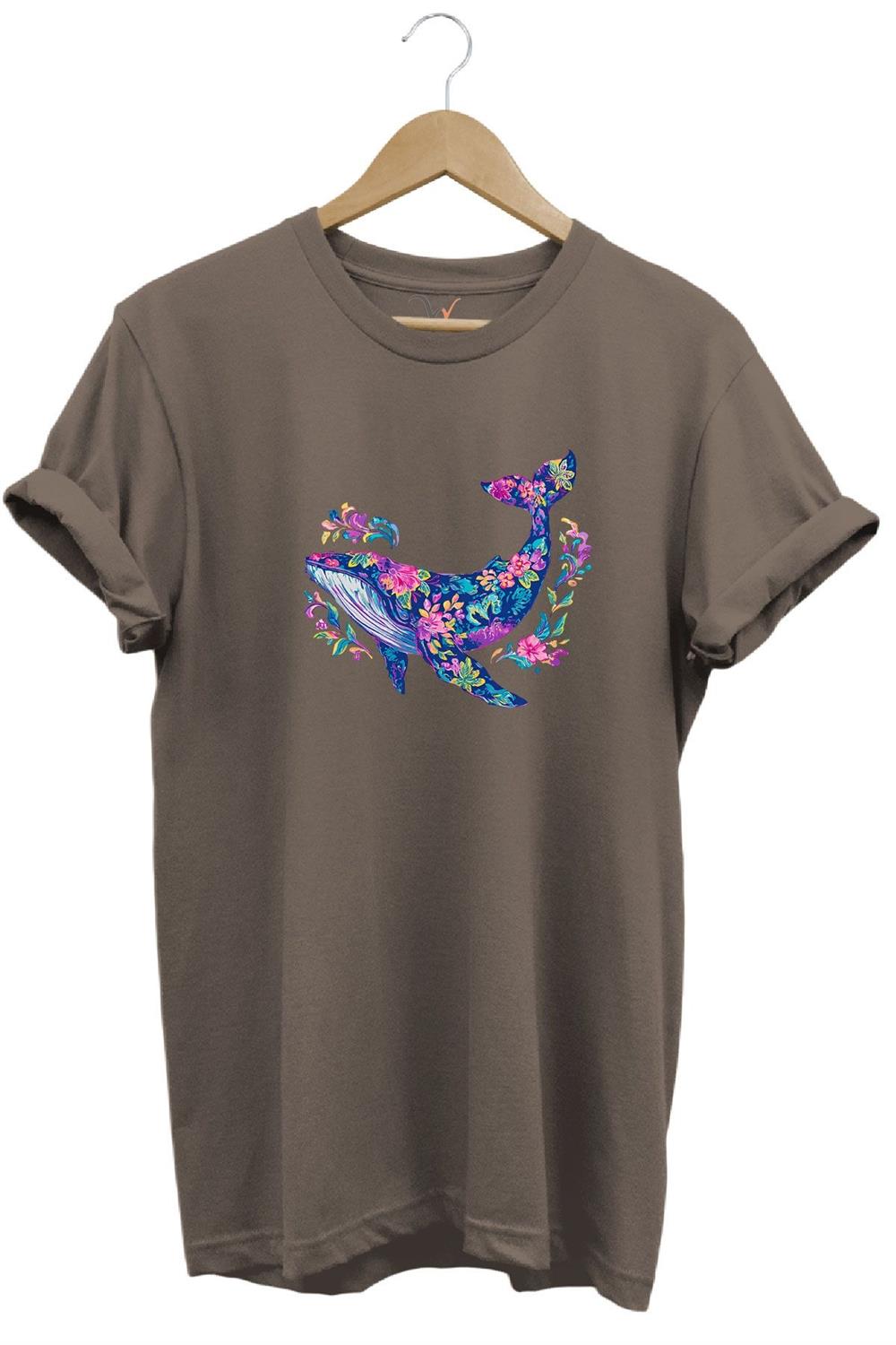 Renkli Balık Balina Desenli Baskılı %100 Pamuk Regular Fit Unisex T-Shirt - Kahverengi