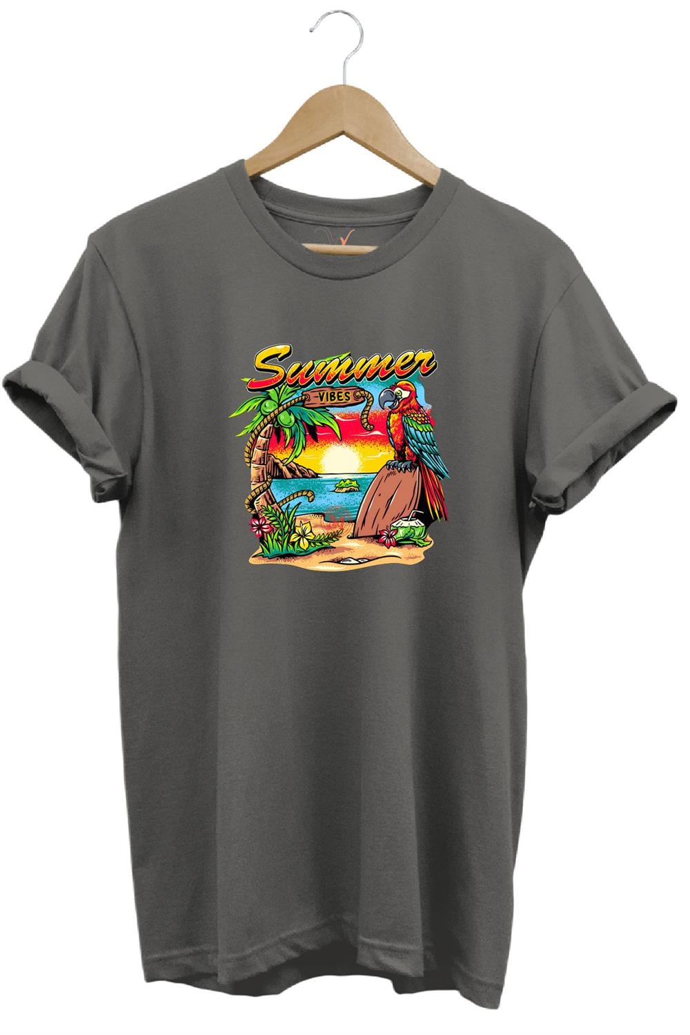 Renkli Summer Vibes Tasarım Baskılı Ve Papağan %100 Pamuk Regular Fit Premium T-Shirt - Antrasit