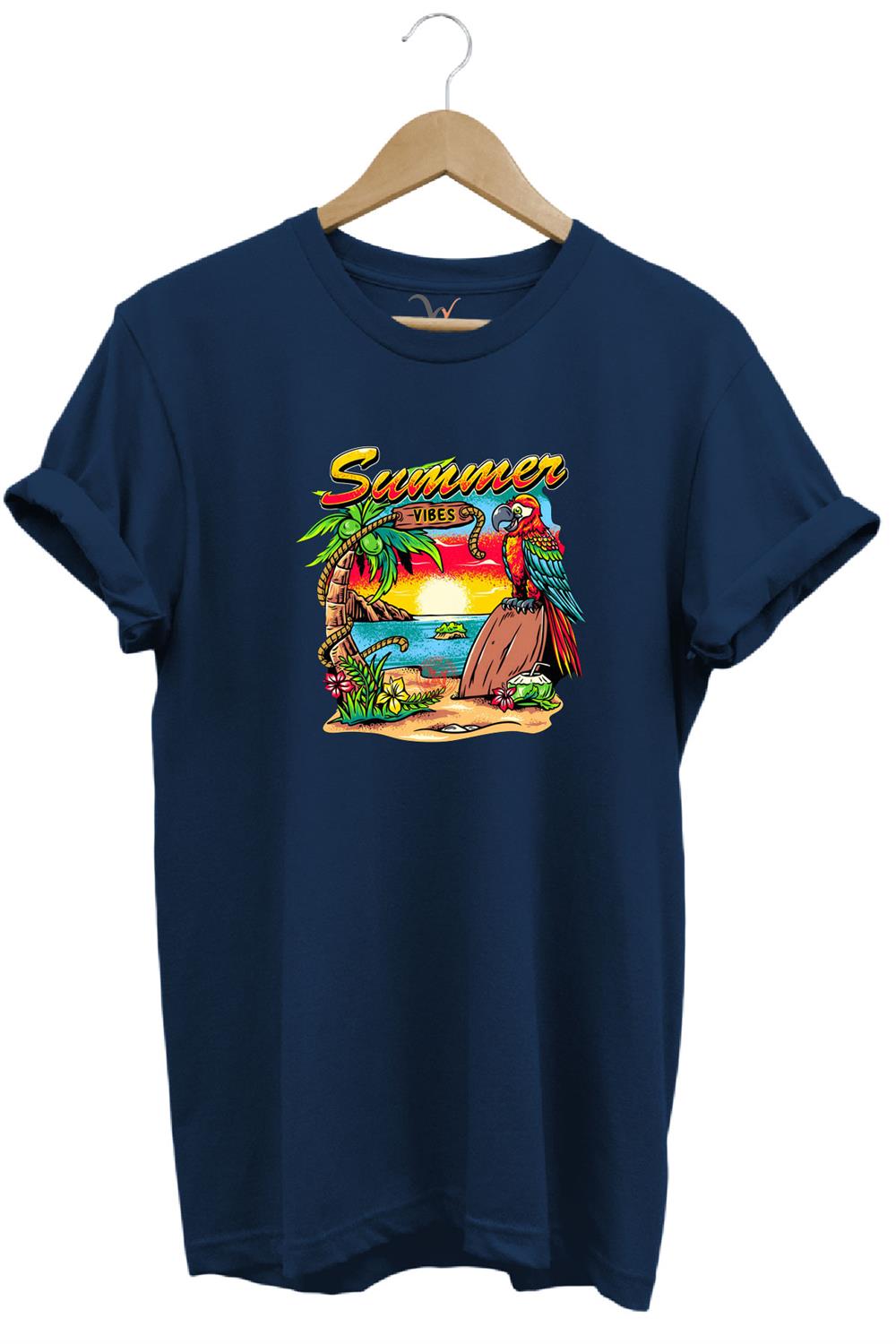 Renkli Summer Vibes Tasarım Baskılı Ve Papağan %100 Pamuk Regular Fit Premium T-Shirt - Lacivert
