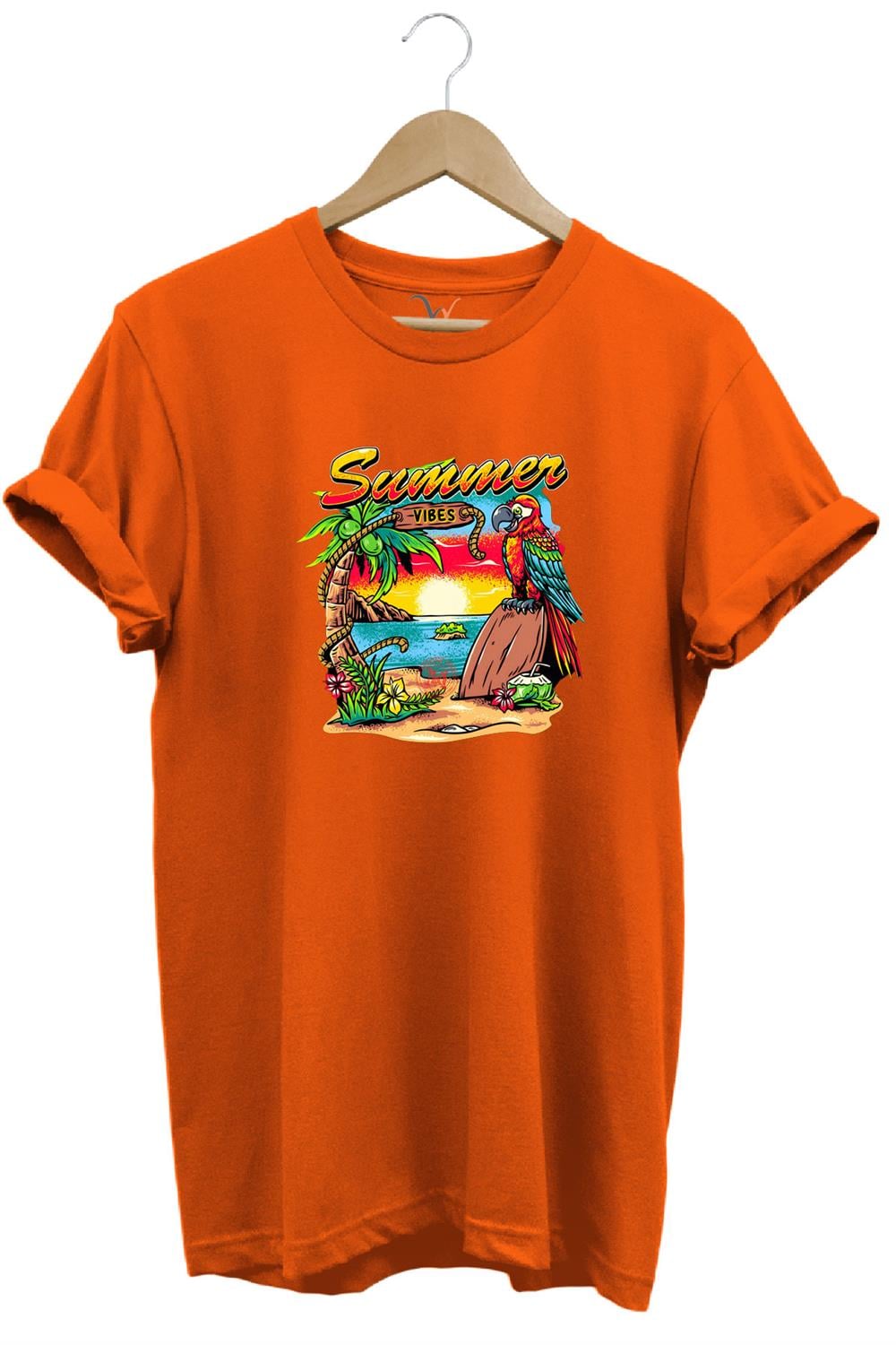 Renkli Summer Vibes Tasarım Baskılı Ve Papağan %100 Pamuk Regular Fit Premium T-Shirt - Turuncu