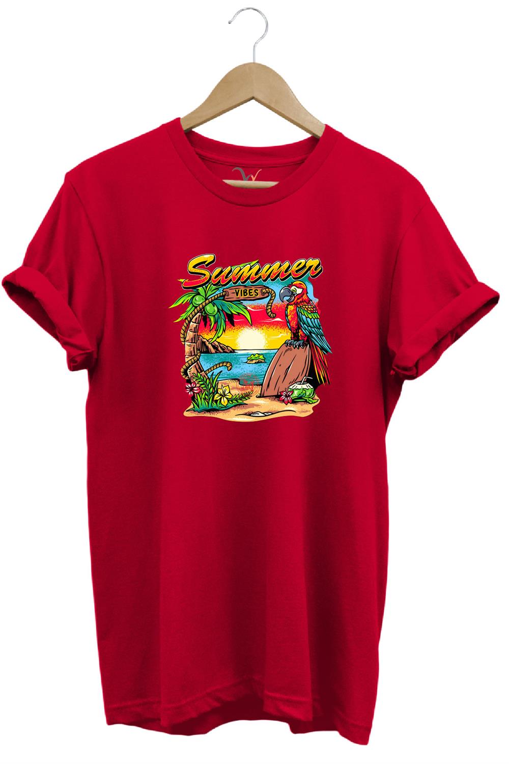 Renkli Summer Vibes Tasarım Baskılı Ve Papağan %100 Pamuk Regular Fit Premium T-Shirt - Kırmızı