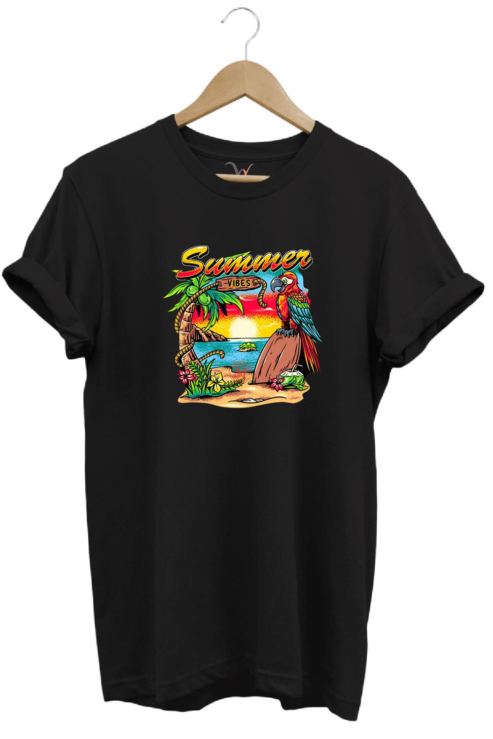 Renkli Summer Vibes Tasarım Baskılı Ve Papağan %100 Pamuk Regular Fit Premium T-Shirt - Siyah