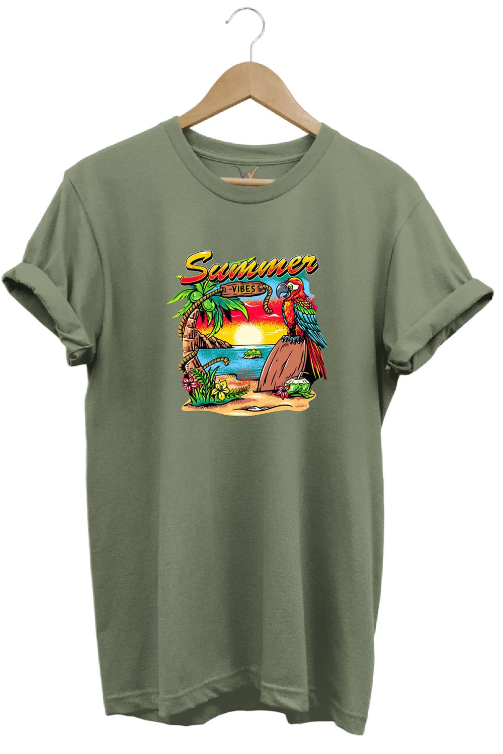 Renkli Summer Vibes Tasarım Baskılı Ve Papağan %100 Pamuk Regular Fit Premium T-Shirt - Haki