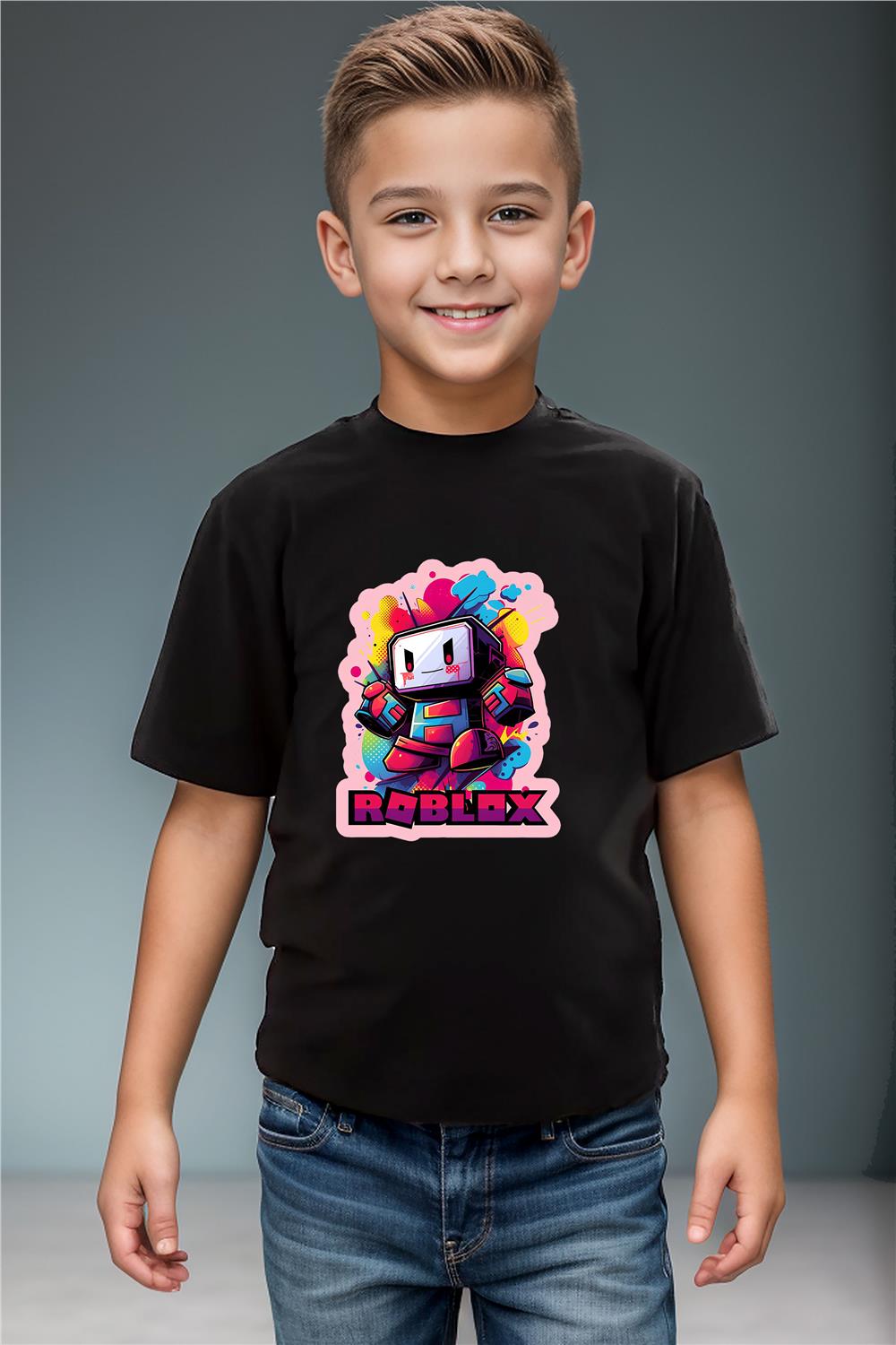 Roblox Yazılı Renkli Karakter Baskılı %100 Pamuk Premium Erkek Çocuk Kız Çocuk T-Shirt - Siyah