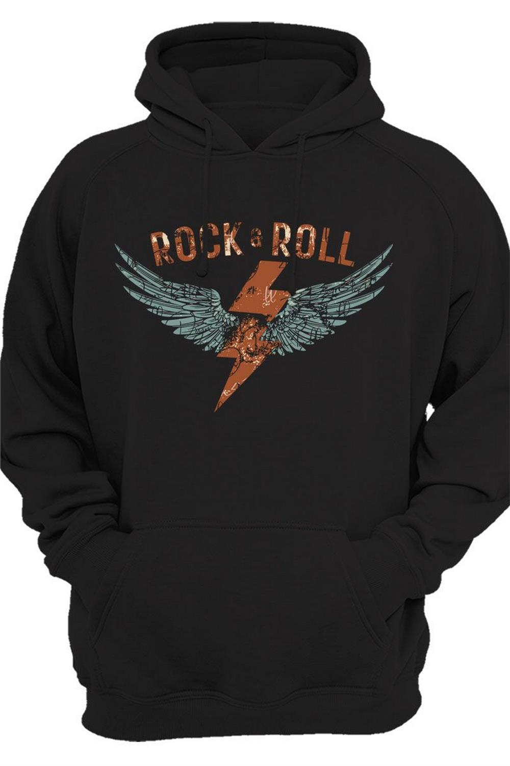 Rock And Roll Rock Müzik Kanat Baskılı 3 Iplik Kalın Şardonlu Kanguru Cepli Sweatshirt - Siyah