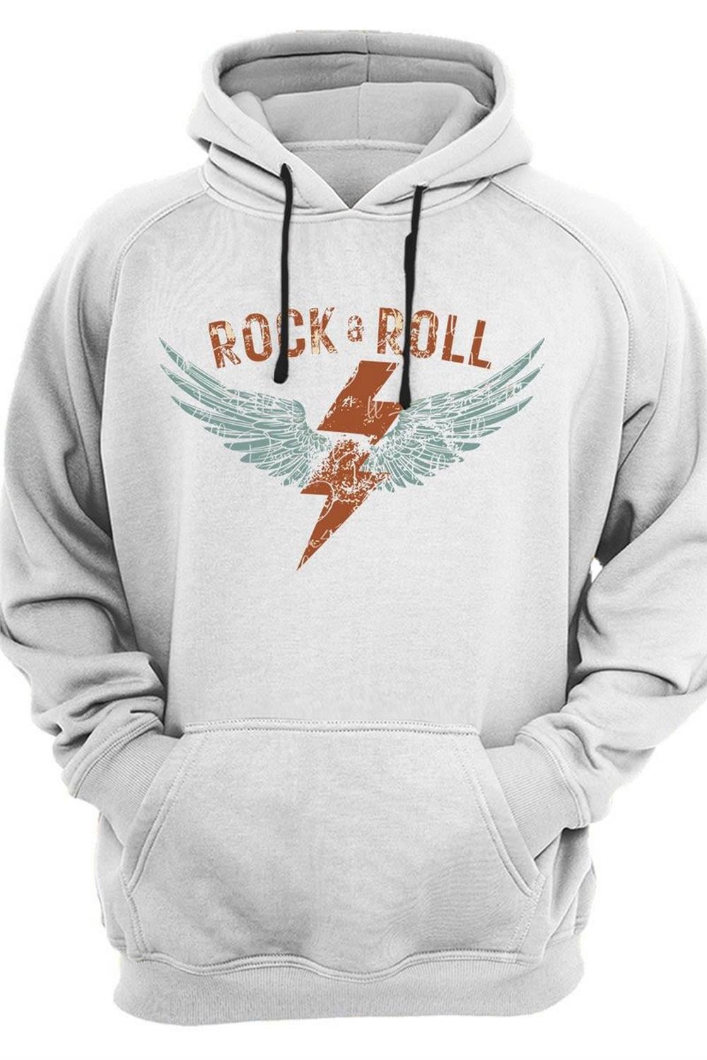 Rock And Roll Rock Müzik Kanat Baskılı 3 Iplik Kalın Şardonlu Kanguru Cepli Sweatshirt - Beyaz