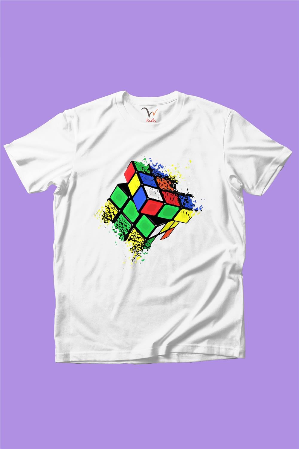 Rubik Küp Baskılı Renkli Cool %100 Pamuk Kız Çocuk Erkek Çocuk T-Shirt - Beyaz