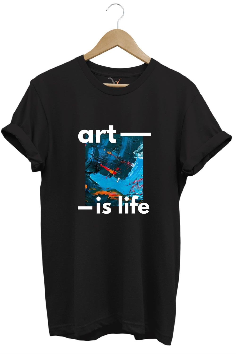 Sanatsal Renkli Tasarım Baskılı Art İs Life Yazılı %100 Pamuk Regular Fit Unisex T-Shirt - Siyah
