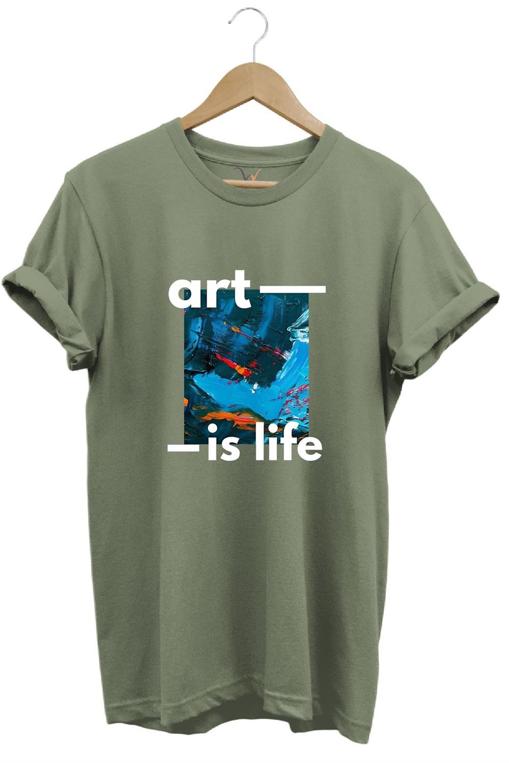 Sanatsal Renkli Tasarım Baskılı Art İs Life Yazılı %100 Pamuk Regular Fit Unisex T-Shirt - Haki