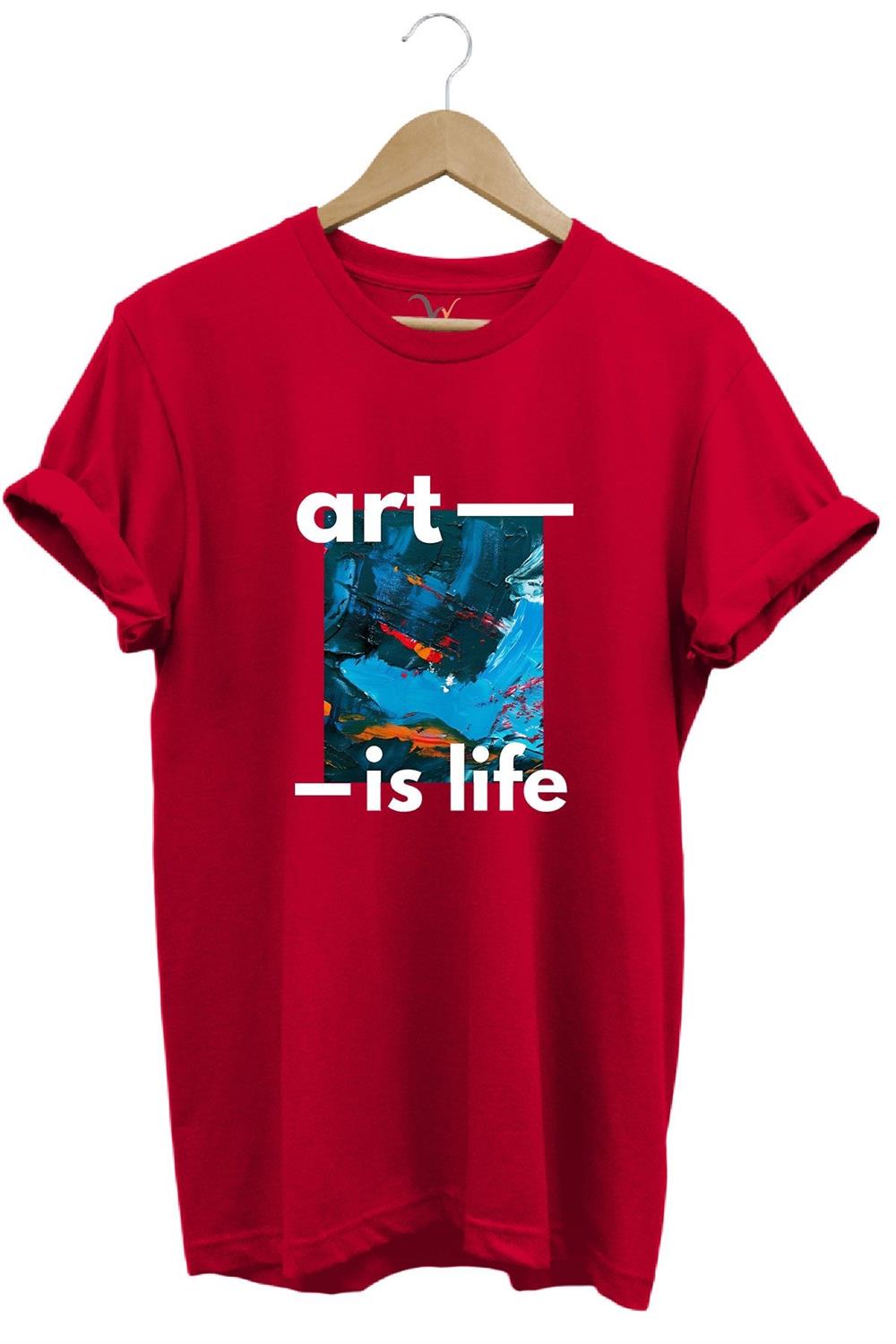 Sanatsal Renkli Tasarım Baskılı Art İs Life Yazılı %100 Pamuk Regular Fit Unisex T-Shirt - Kırmızı