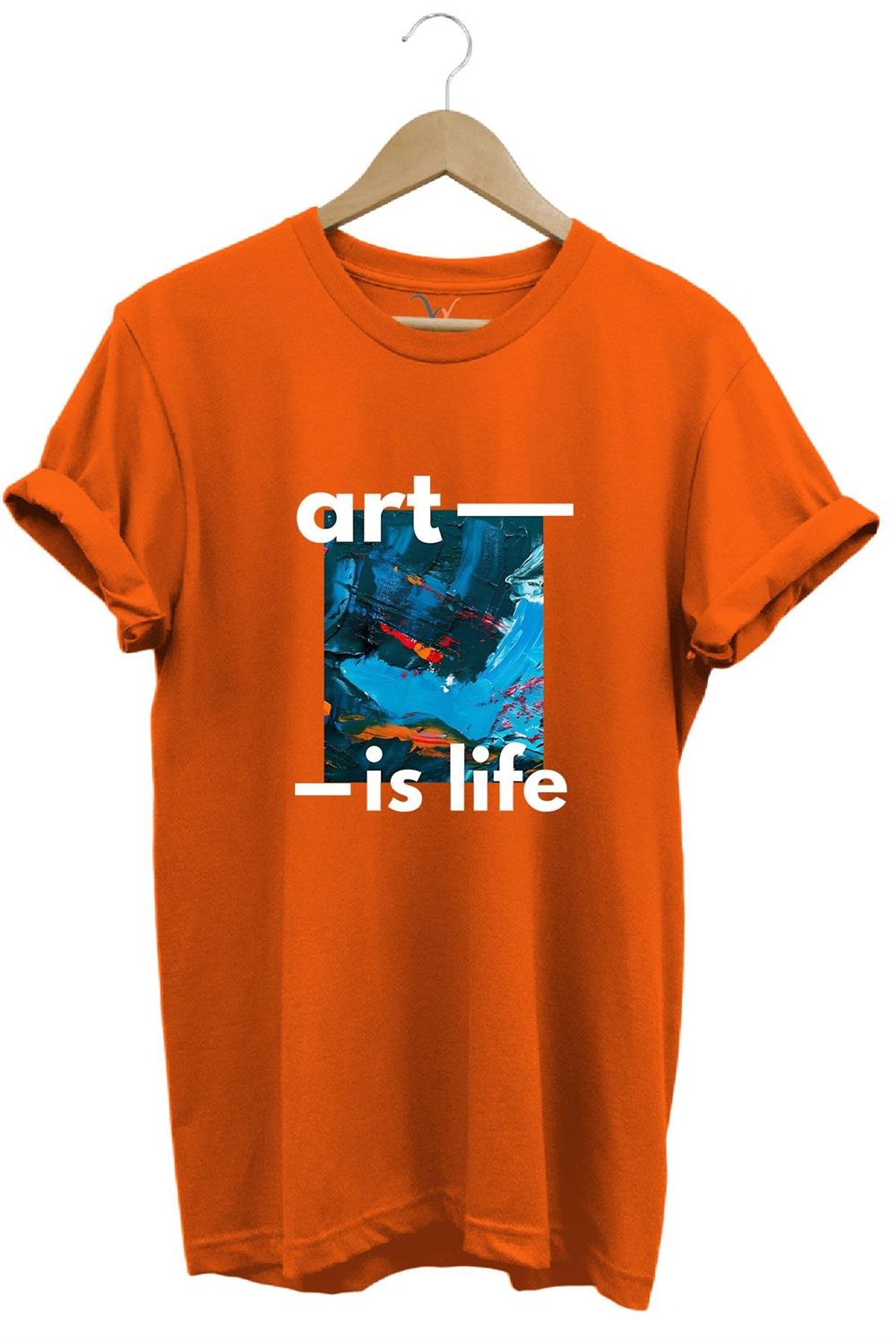 Sanatsal Renkli Tasarım Baskılı Art İs Life Yazılı %100 Pamuk Regular Fit Unisex T-Shirt - Turuncu