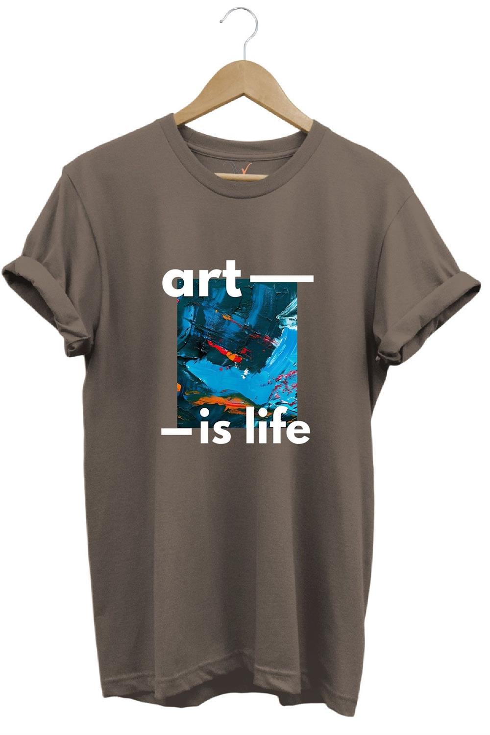 Sanatsal Renkli Tasarım Baskılı Art İs Life Yazılı %100 Pamuk Regular Fit Unisex T-Shirt - Kahverengi