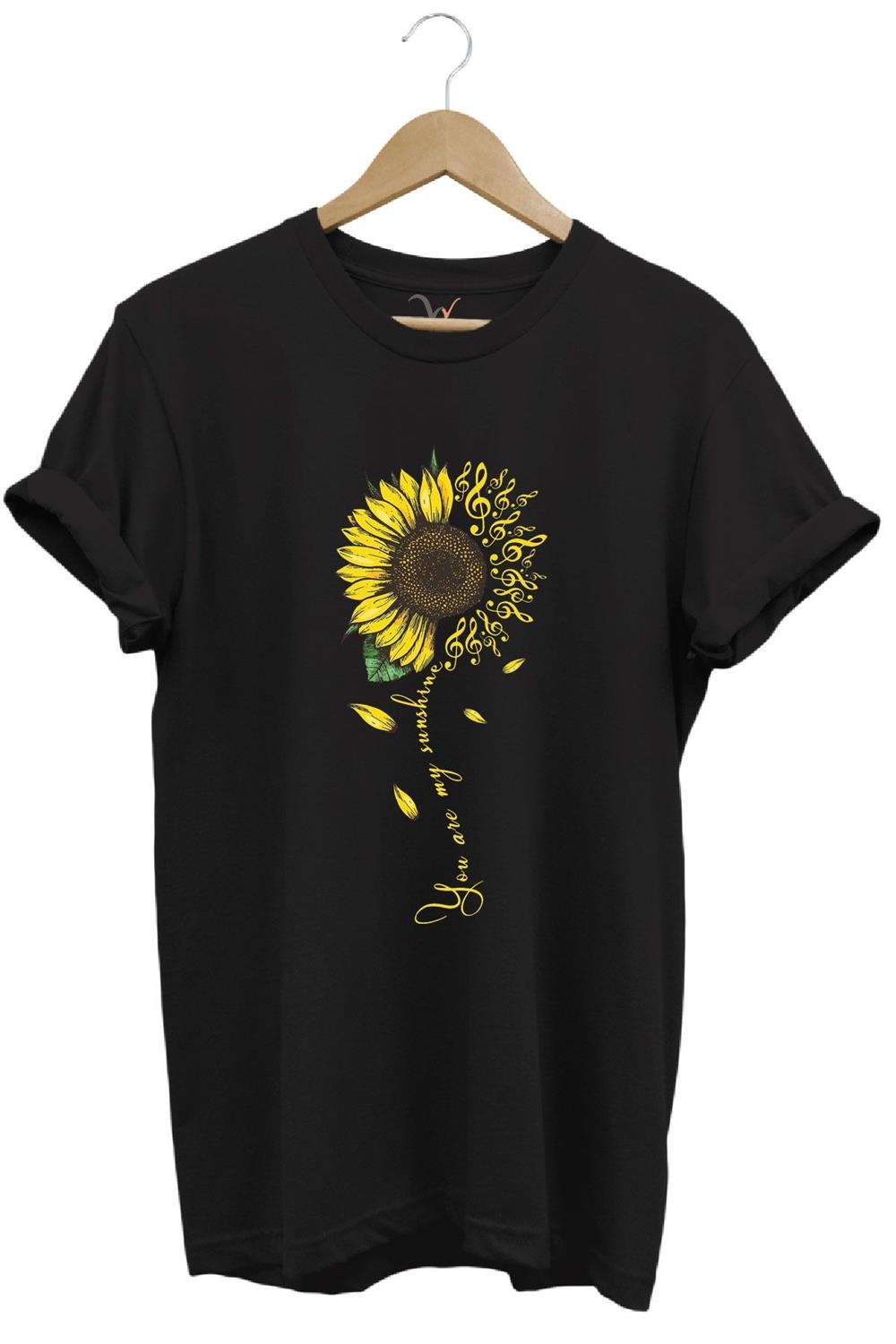 Sarı Ayçiçek Desenli You Are Sunshine Yazı Baskılı %100 Pamuk Regular Fit Unisex T-Shirt - Siyah