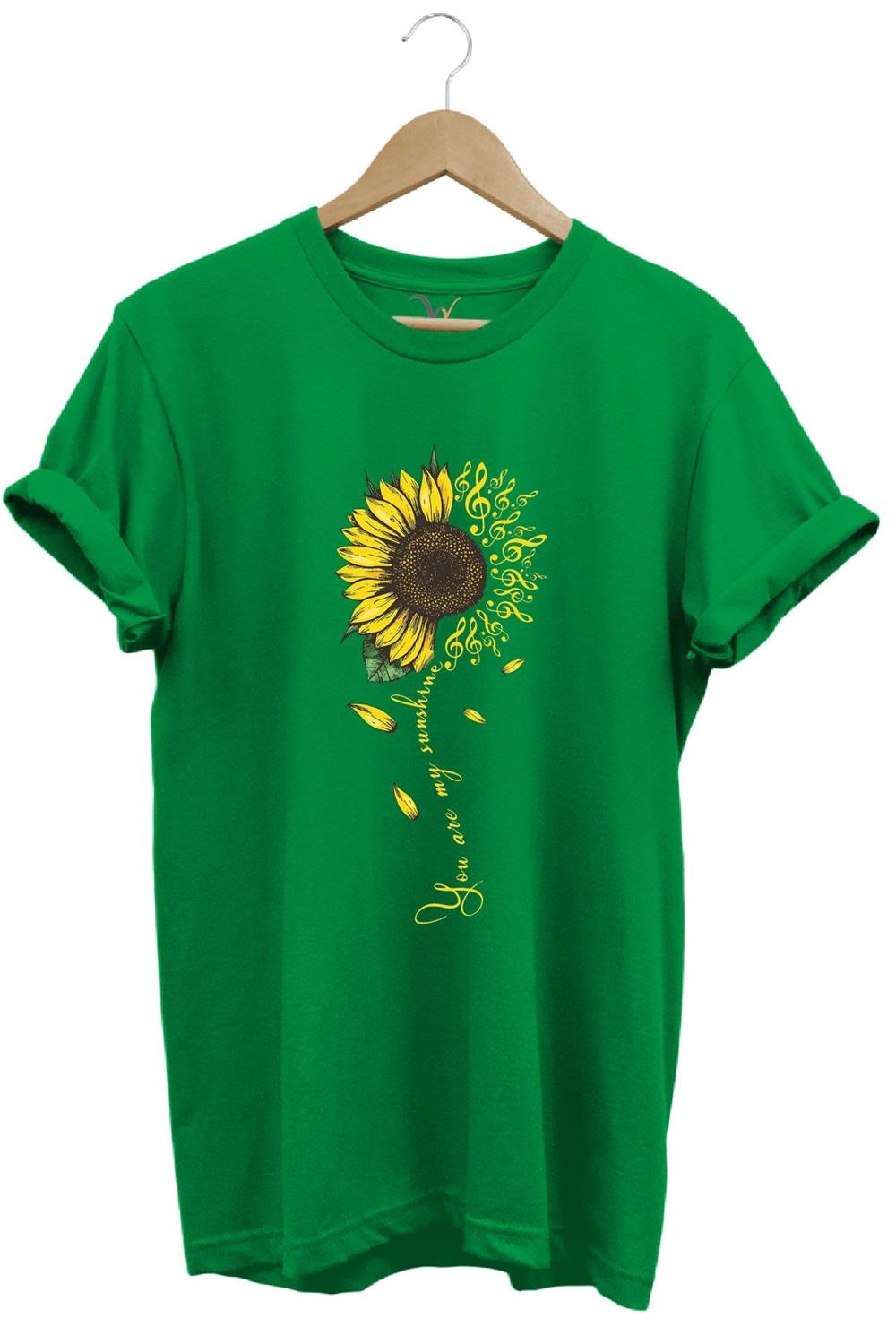Sarı Ayçiçek Desenli You Are Sunshine Yazı Baskılı %100 Pamuk Regular Fit Unisex T-Shirt - Yeşil