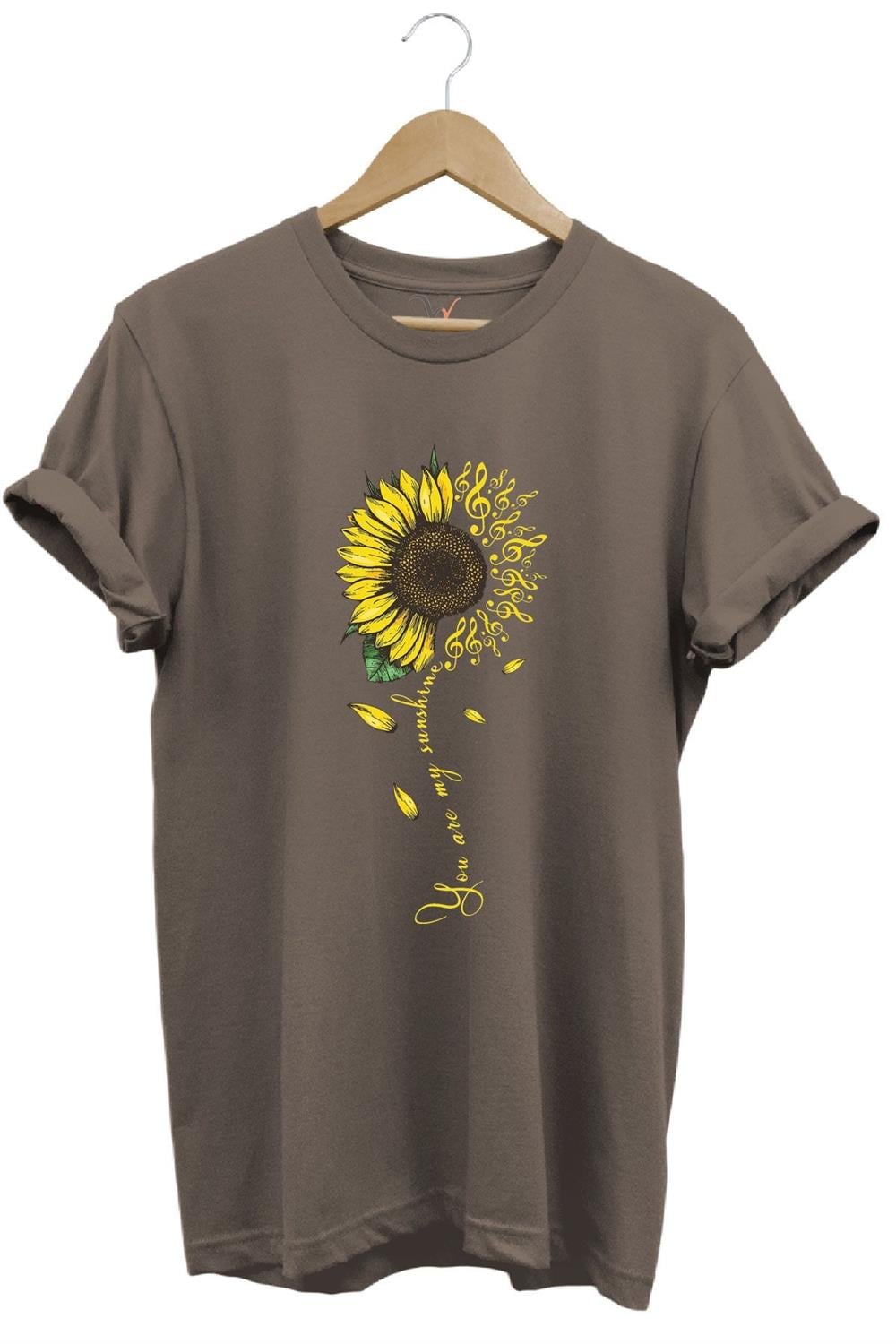 Sarı Ayçiçek Desenli You Are Sunshine Yazı Baskılı %100 Pamuk Regular Fit Unisex T-Shirt - Kahverengi