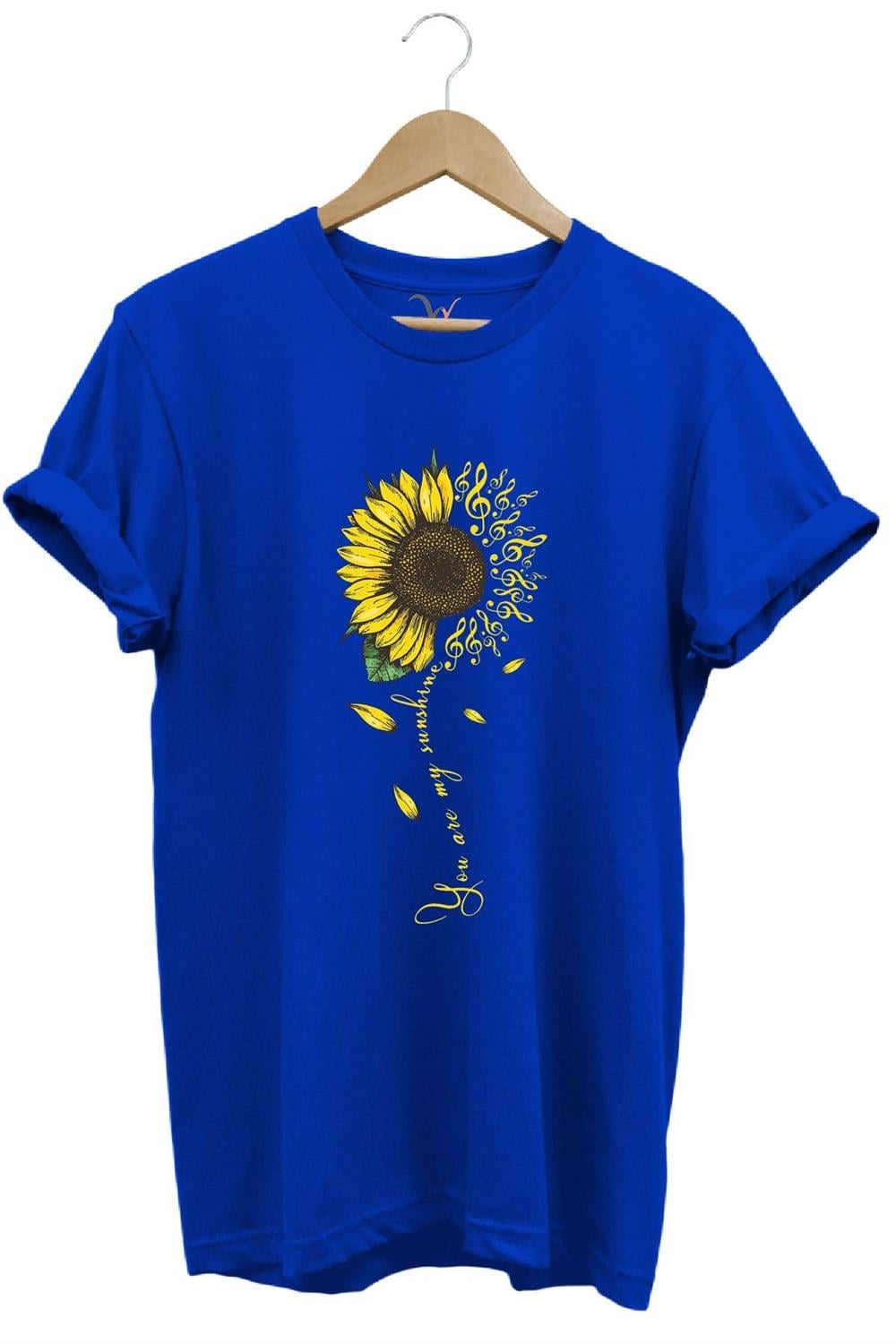 Sarı Ayçiçek Desenli You Are Sunshine Yazı Baskılı %100 Pamuk Regular Fit Unisex T-Shirt - Mavi
