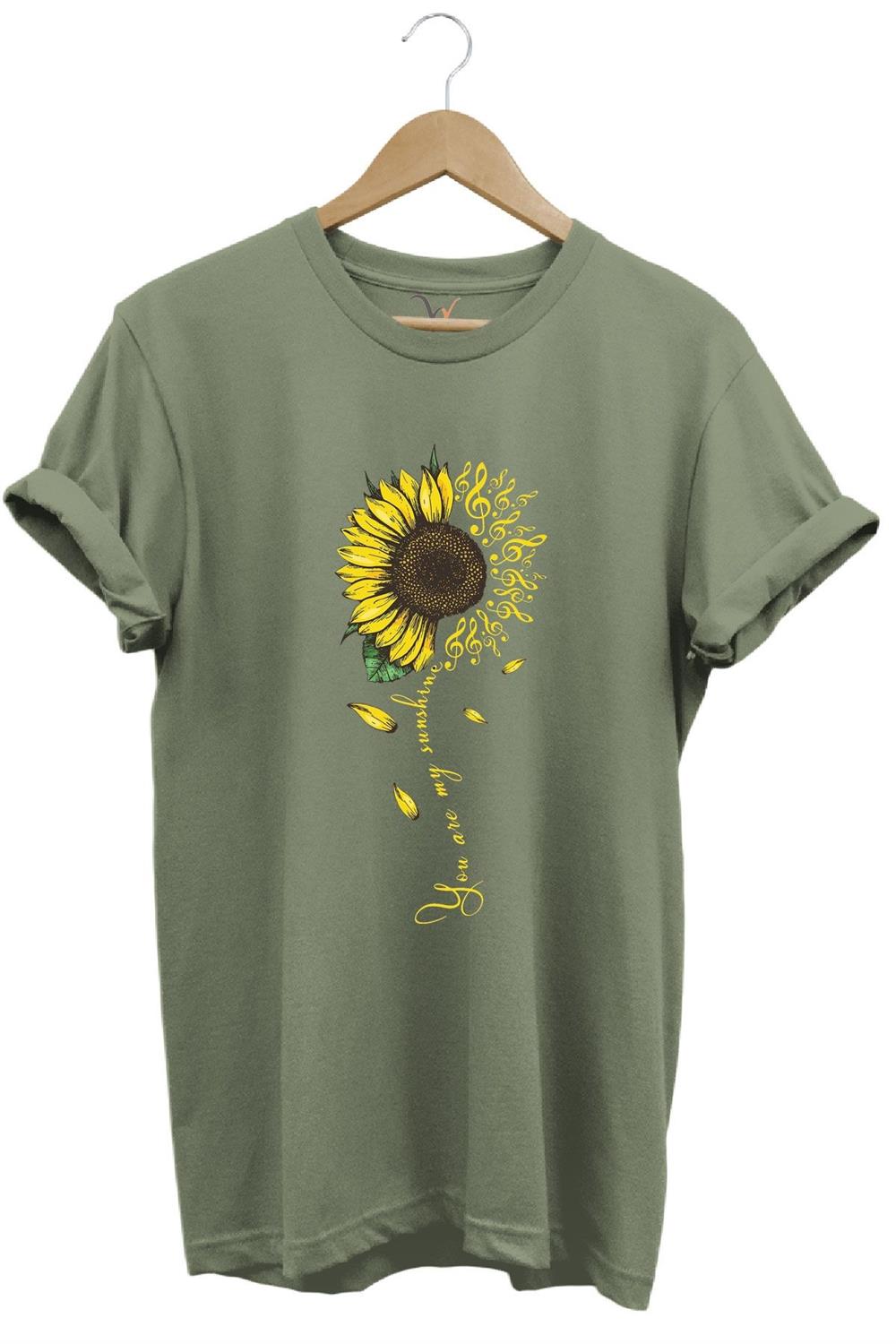 Sarı Ayçiçek Desenli You Are Sunshine Yazı Baskılı %100 Pamuk Regular Fit Unisex T-Shirt - Haki