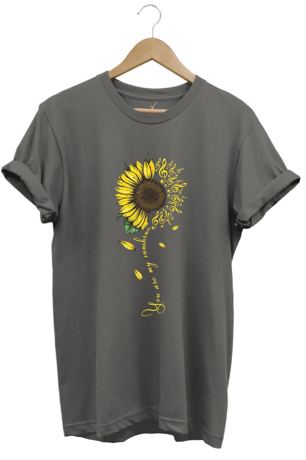 Sarı Ayçiçek Desenli You Are Sunshine Yazı Baskılı %100 Pamuk Regular Fit Unisex T-Shirt - Antrasit