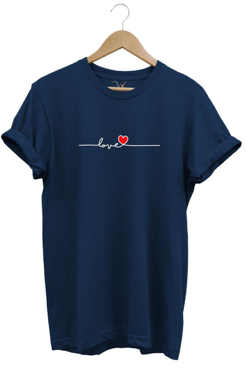 Sevgililer Günü Hediyesi Love Yazı Baskılı Kalpli %100 Pamuk Regular Fit Bisiklet Yaka T-Shirt - Lacivert