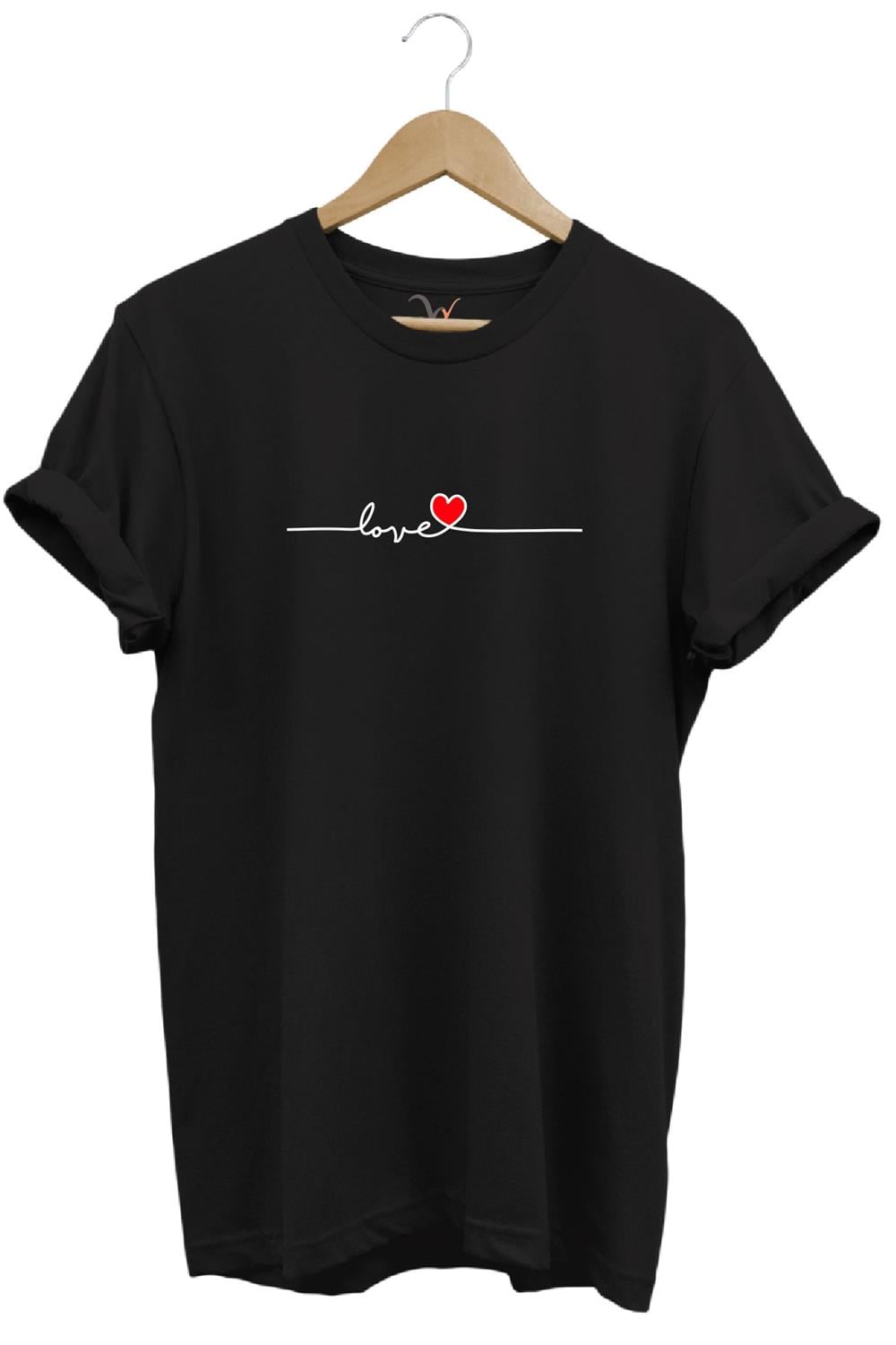 Sevgililer Günü Hediyesi Love Yazı Baskılı Kalpli %100 Pamuk Regular Fit Bisiklet Yaka T-Shirt - Siyah