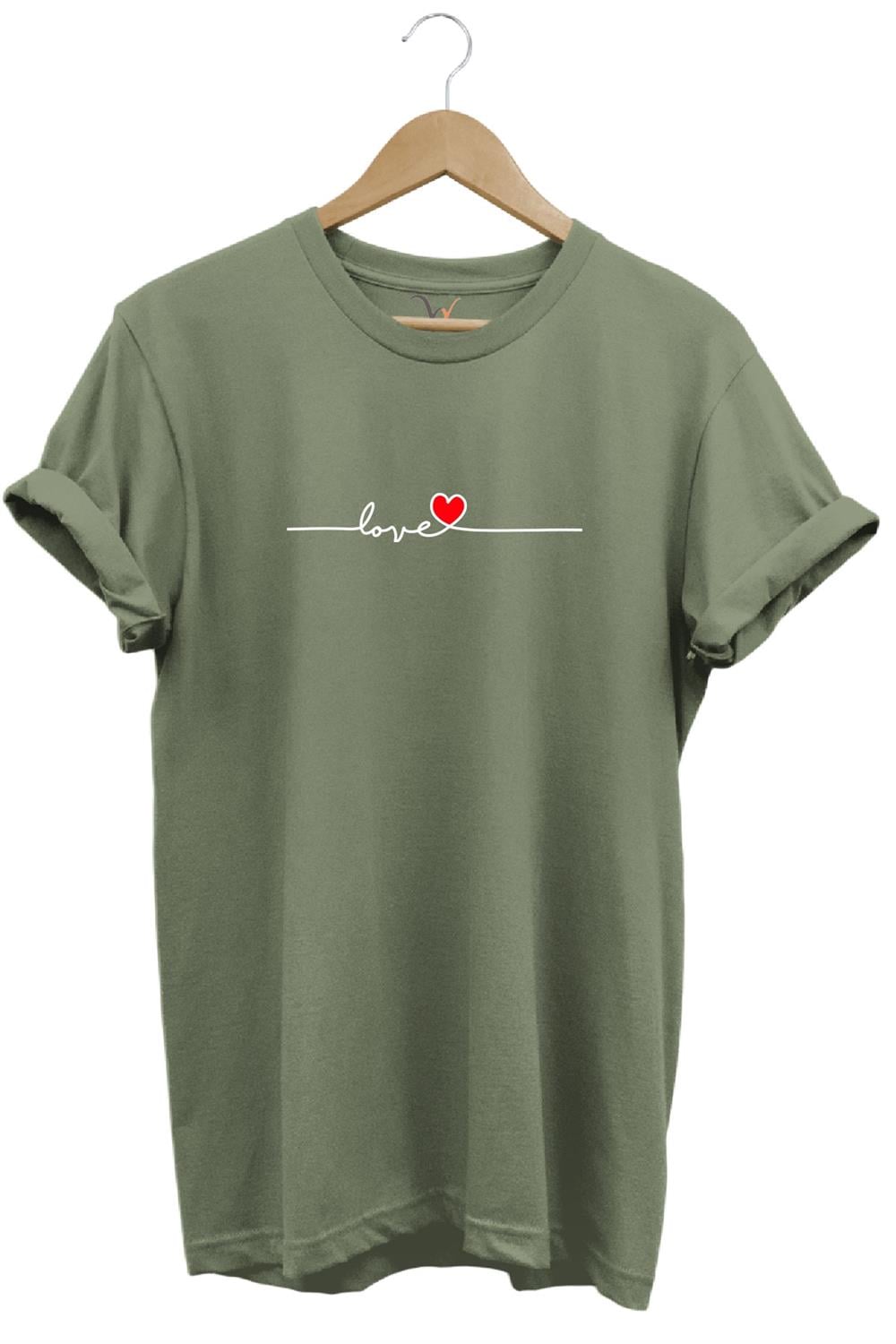 Sevgililer Günü Hediyesi Love Yazı Baskılı Kalpli %100 Pamuk Regular Fit Bisiklet Yaka T-Shirt - Haki