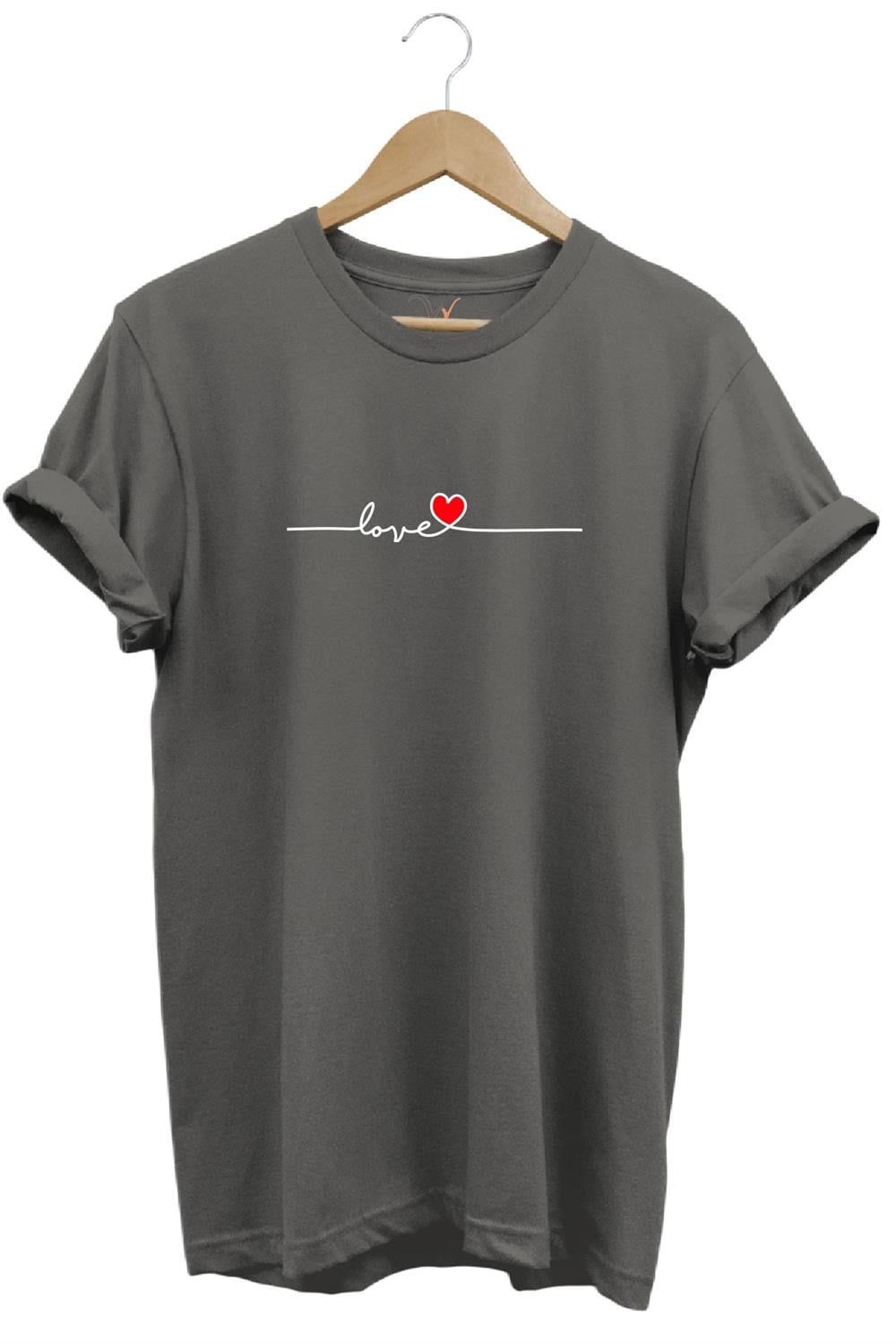 Sevgililer Günü Hediyesi Love Yazı Baskılı Kalpli %100 Pamuk Regular Fit Bisiklet Yaka T-Shirt - Antrasit