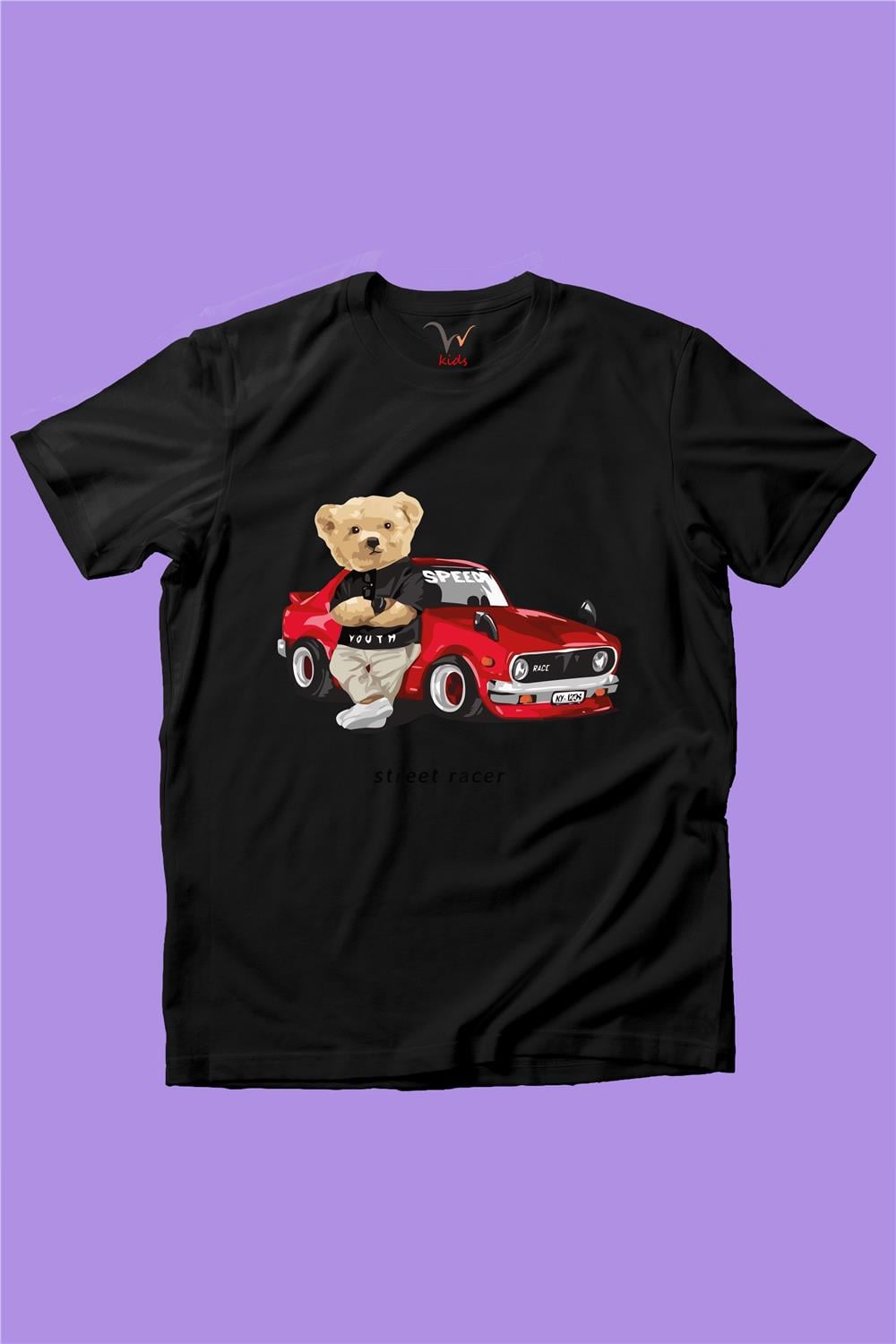 Sevimli Ayıcık Baskılı Arabalı Ayıcık Kız Çocuk Erkek Çocuk %100 Pamuk T-Shirt - Siyah