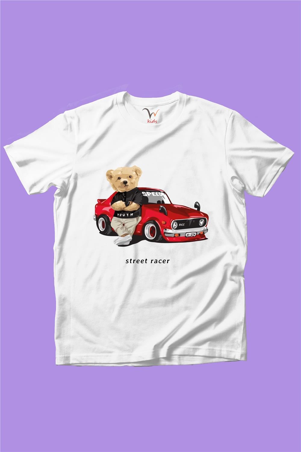 Sevimli Ayıcık Baskılı Arabalı Ayıcık Kız Çocuk Erkek Çocuk %100 Pamuk T-Shirt - Beyaz