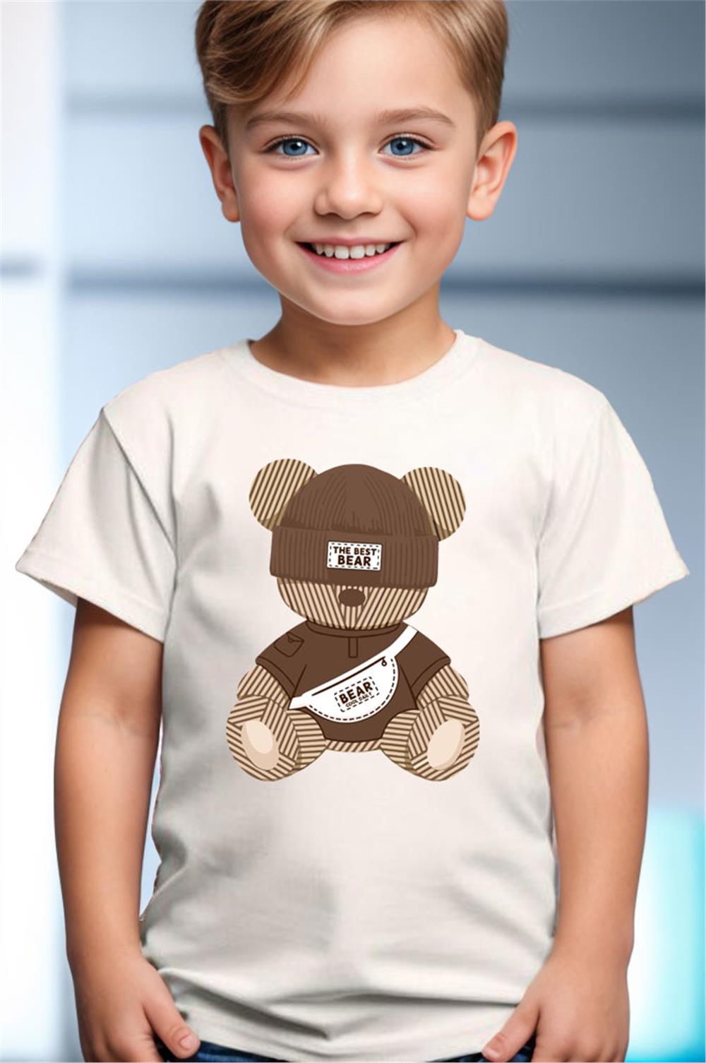 Sevimli Ayıcık Baskılı Cool %100 Pamuk Erkek Çocuk Kız Çocuk Yüksek Kaliteli Premium T-Shirt - Beyaz