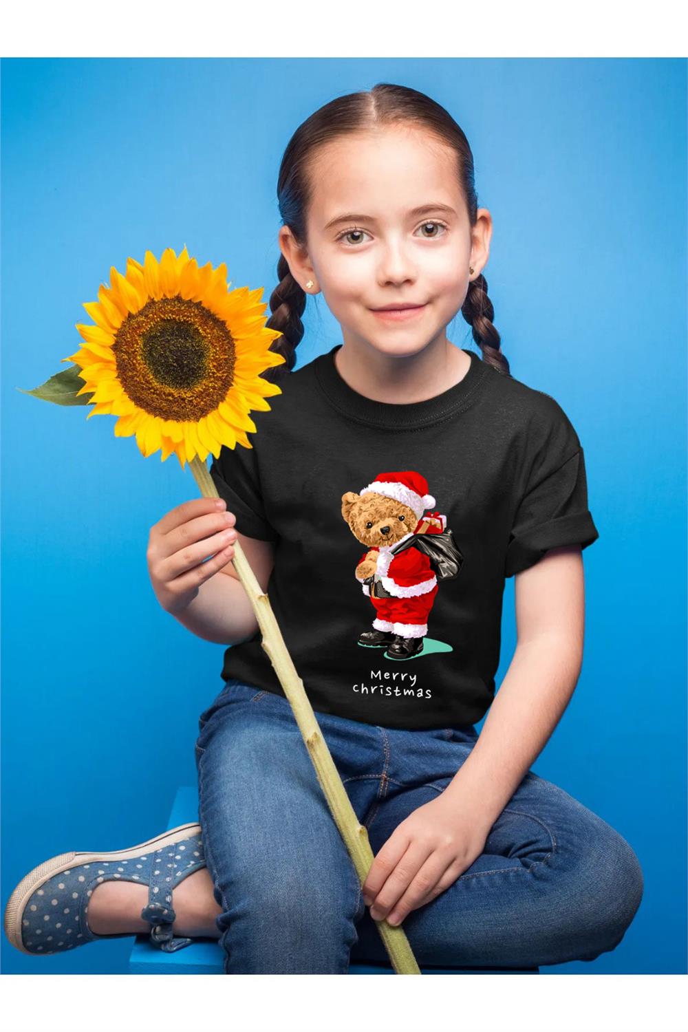 Sevimli Ayıcık Baskılı Merry Chirstmas Yılbaşı Noel Baba Regular Fit %100 Pamuk Çocuk T-Shirt - Siyah