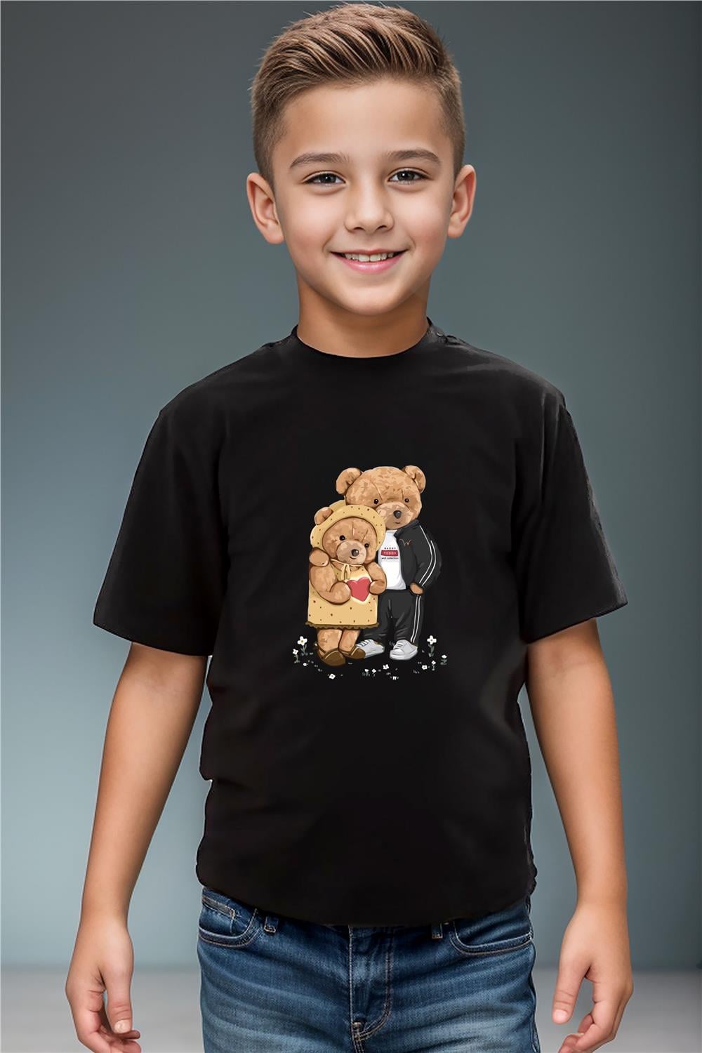 Sevimli Çift Sevgili Ayı Tedy Cool Ayıcık Baskılı %100 Pamuk Erkek Çocuk Kız Çocuk T-Shirt - Siyah