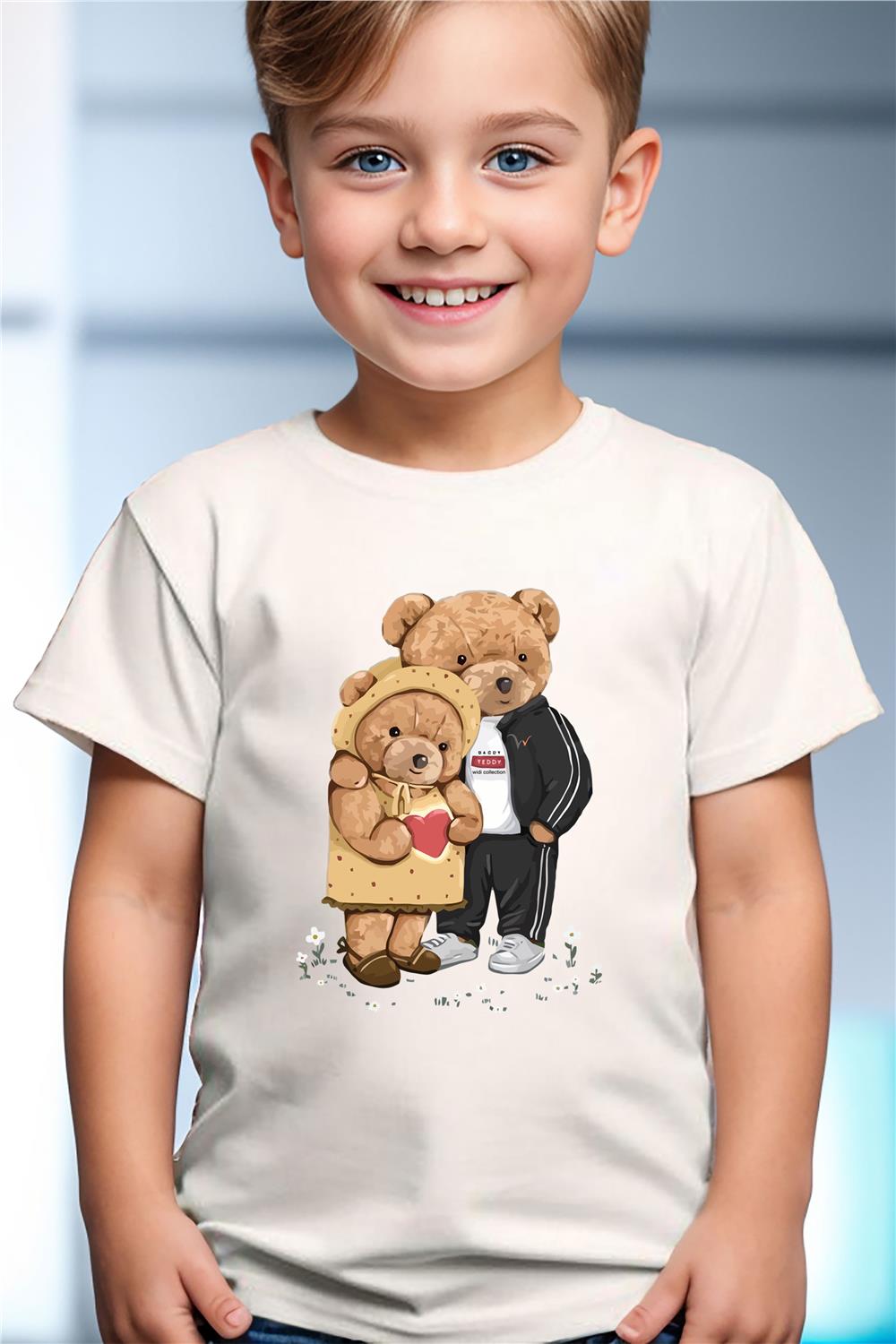 Sevimli Çift Sevgili Ayı Tedy Cool Ayıcık Baskılı %100 Pamuk Erkek Çocuk Kız Çocuk T-Shirt - Beyaz