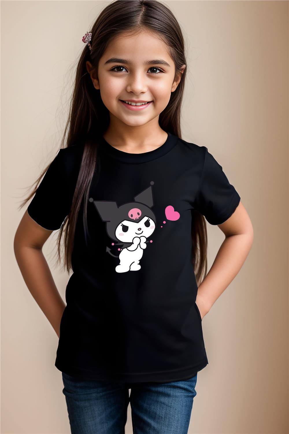 Sevimli Kuromi Baskılı %100 Pamuk Erkek Çocuk Kız Çocuk Yüksek Kaliteli Premium T-Shirt - Siyah