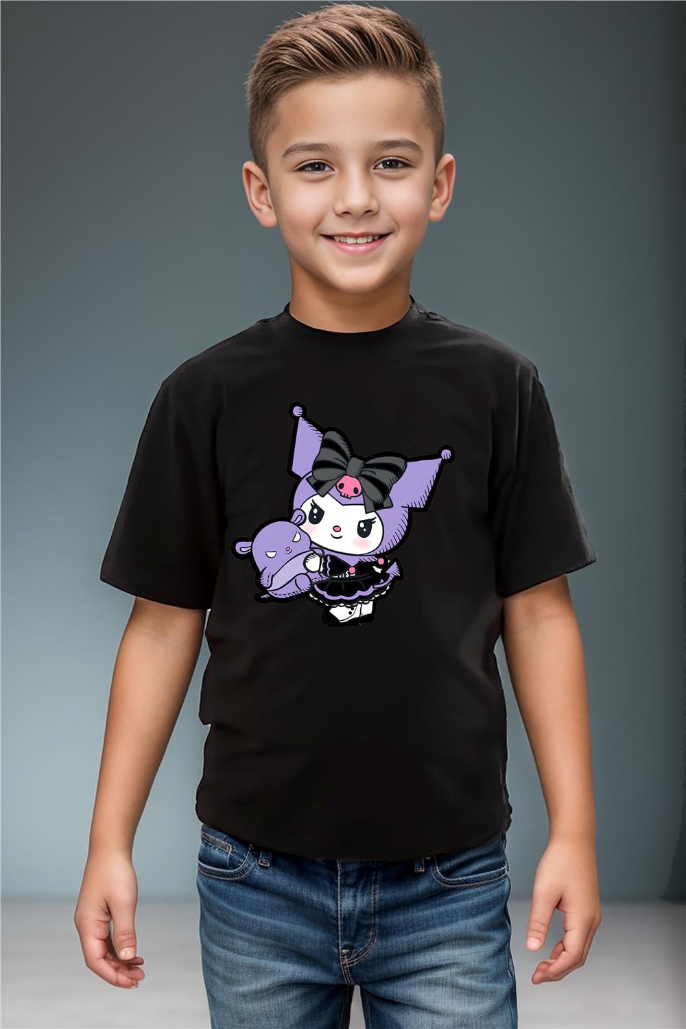 Sevimli Kuromi Baskılı %100 Pamuk Erkek Çocuk Kız Çocuk Yüksek Kaliteli Premium T-Shirt - Siyah