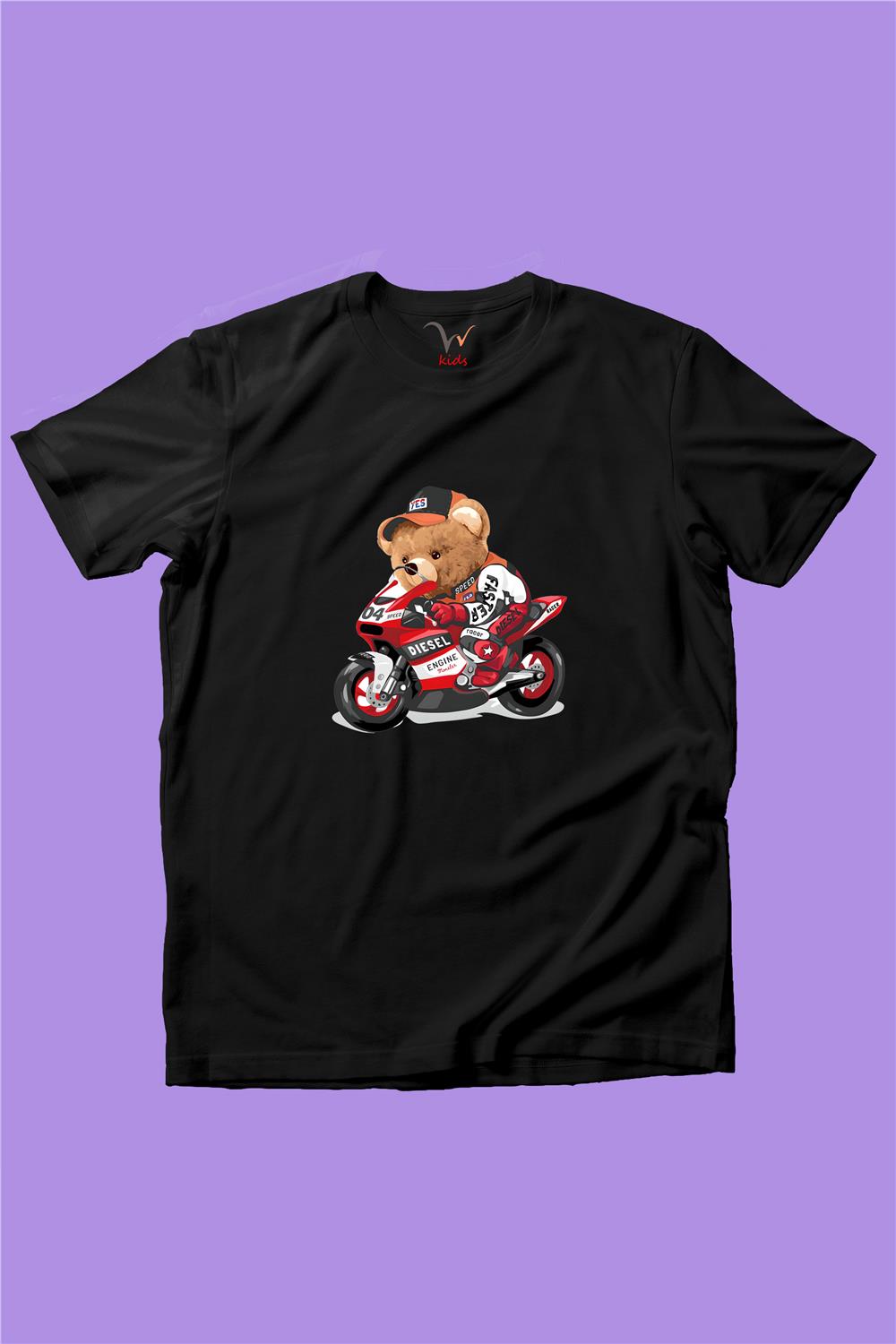 Sevimli Motorlu Ayıcık Tedy Baskılı %100 Pamuk Erkek Çocuk Kız Çocuk T-Shirt - Siyah