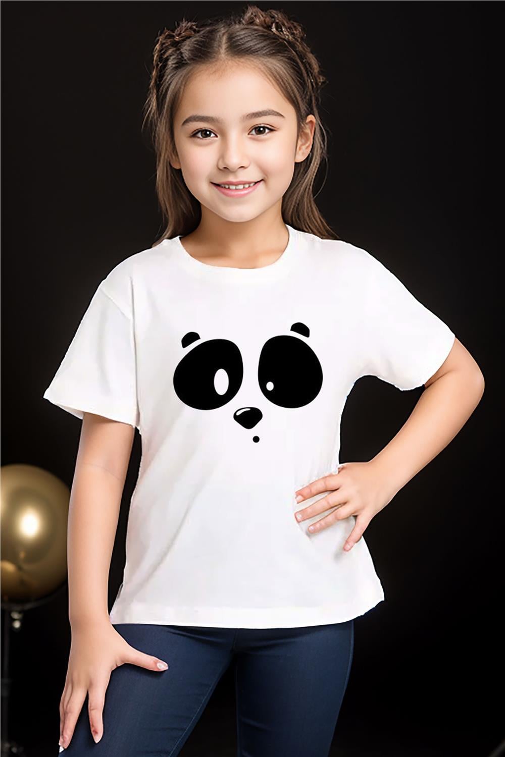 Sevimli Panda Baskılı Minimal Cool Yazlık Pamuk Erkek Çocuk Kız Çocuk T-Shirt - Beyaz