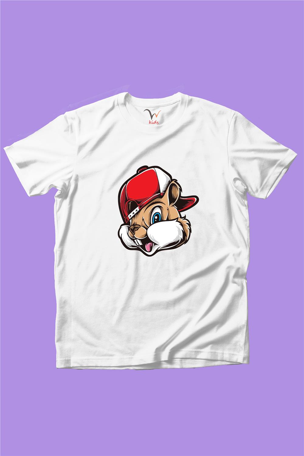 Sevimli Şapkalı Cool Sincap Baskılı %100 Pamuk Erkek Çocuk Kız Çocuk T-Shirt - Beyaz