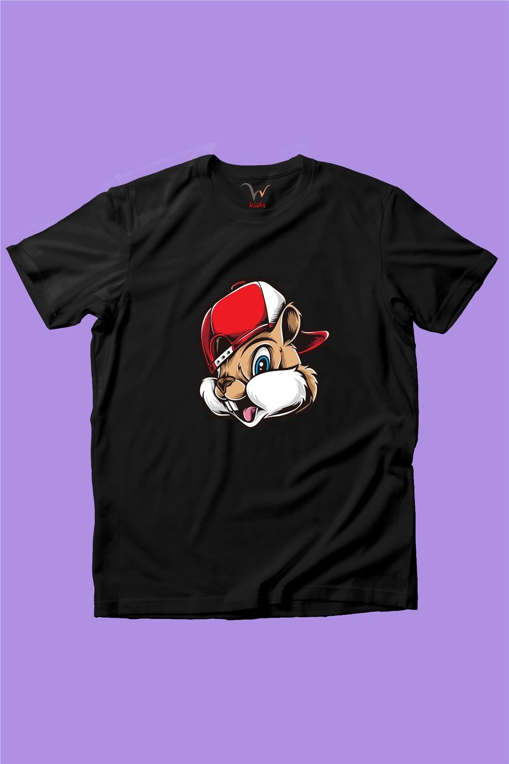 Sevimli Şapkalı Cool Sincap Baskılı %100 Pamuk Erkek Çocuk Kız Çocuk T-Shirt - Siyah