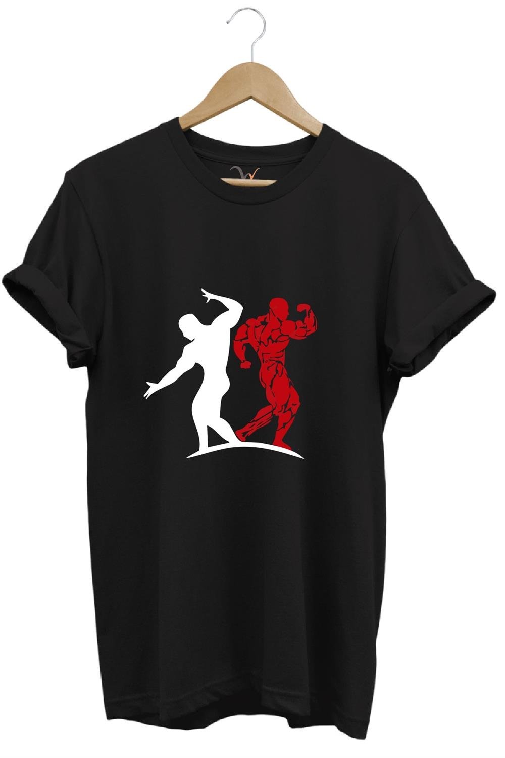 Sporcu Fitness Baskılı GYM Regular Fit %100 Pamuk Bisiklet Yaka Premium T-Shirt - Siyah