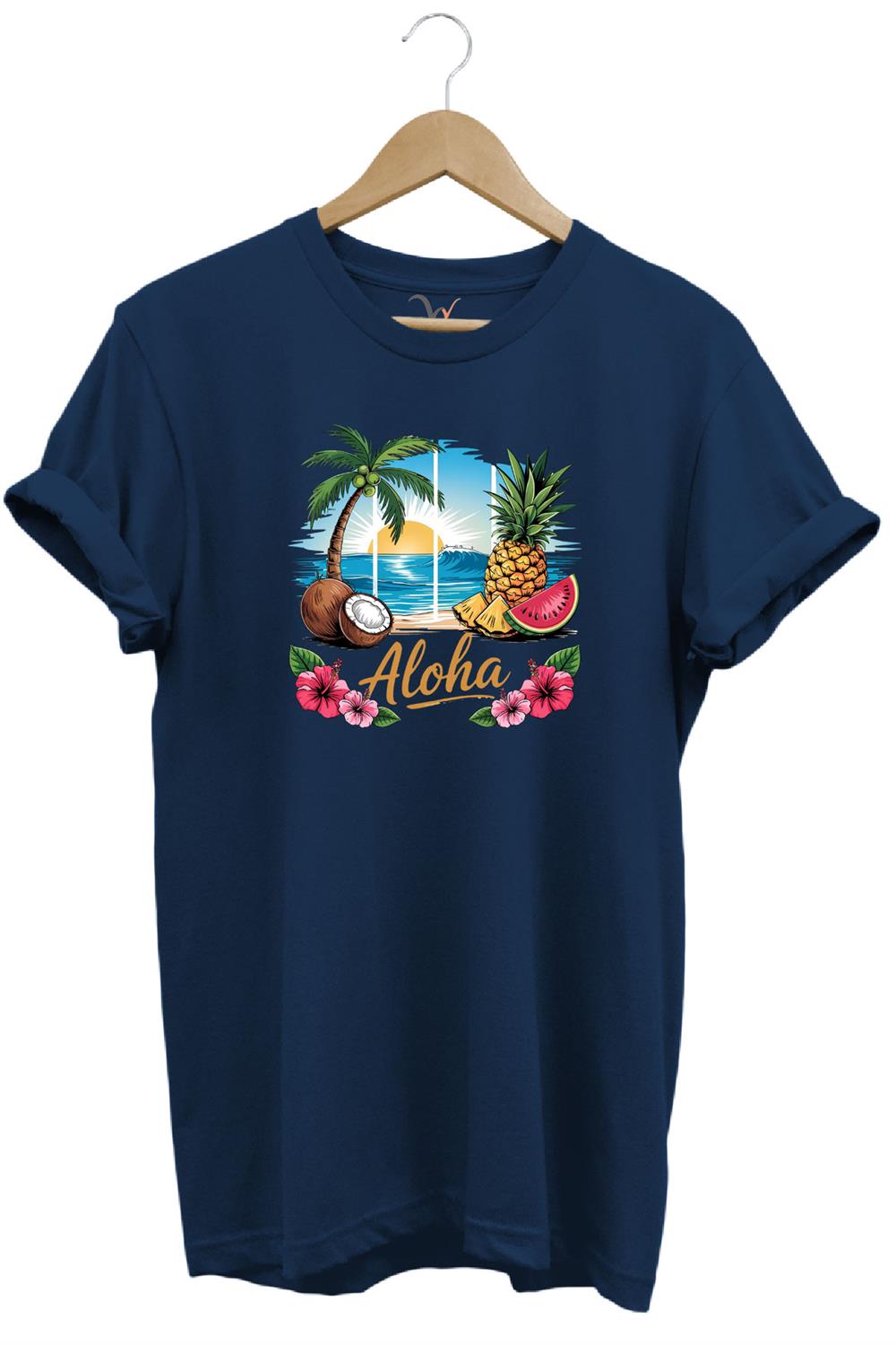 Summer Vibes Aloha Yazılı Hindistan Cevizi Yaz Kumsal Baskılı %100 Pamuk Unisex Regular Fit T-Shirt - Lacivert