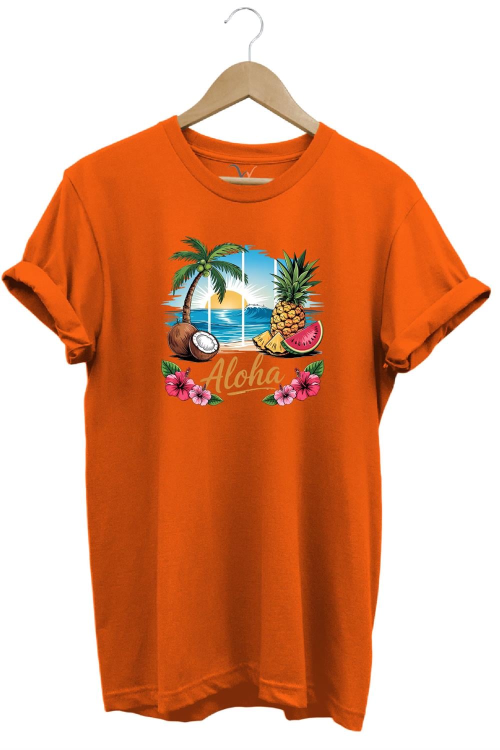 Summer Vibes Aloha Yazılı Hindistan Cevizi Yaz Kumsal Baskılı %100 Pamuk Unisex Regular Fit T-Shirt - Turuncu