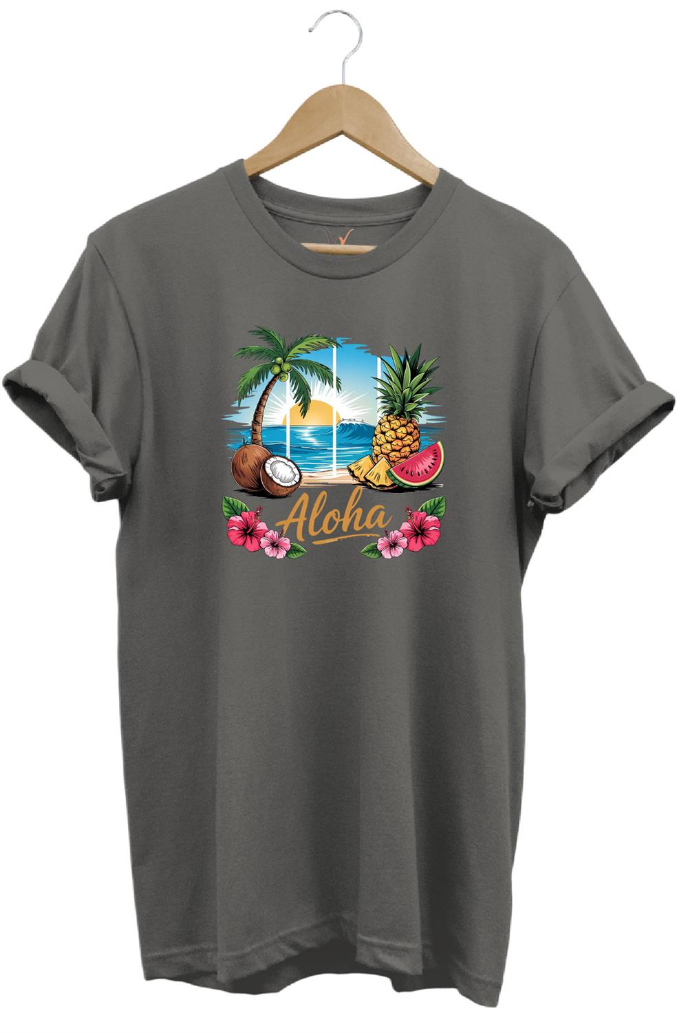 Summer Vibes Aloha Yazılı Hindistan Cevizi Yaz Kumsal Baskılı %100 Pamuk Unisex Regular Fit T-Shirt - Antrasit