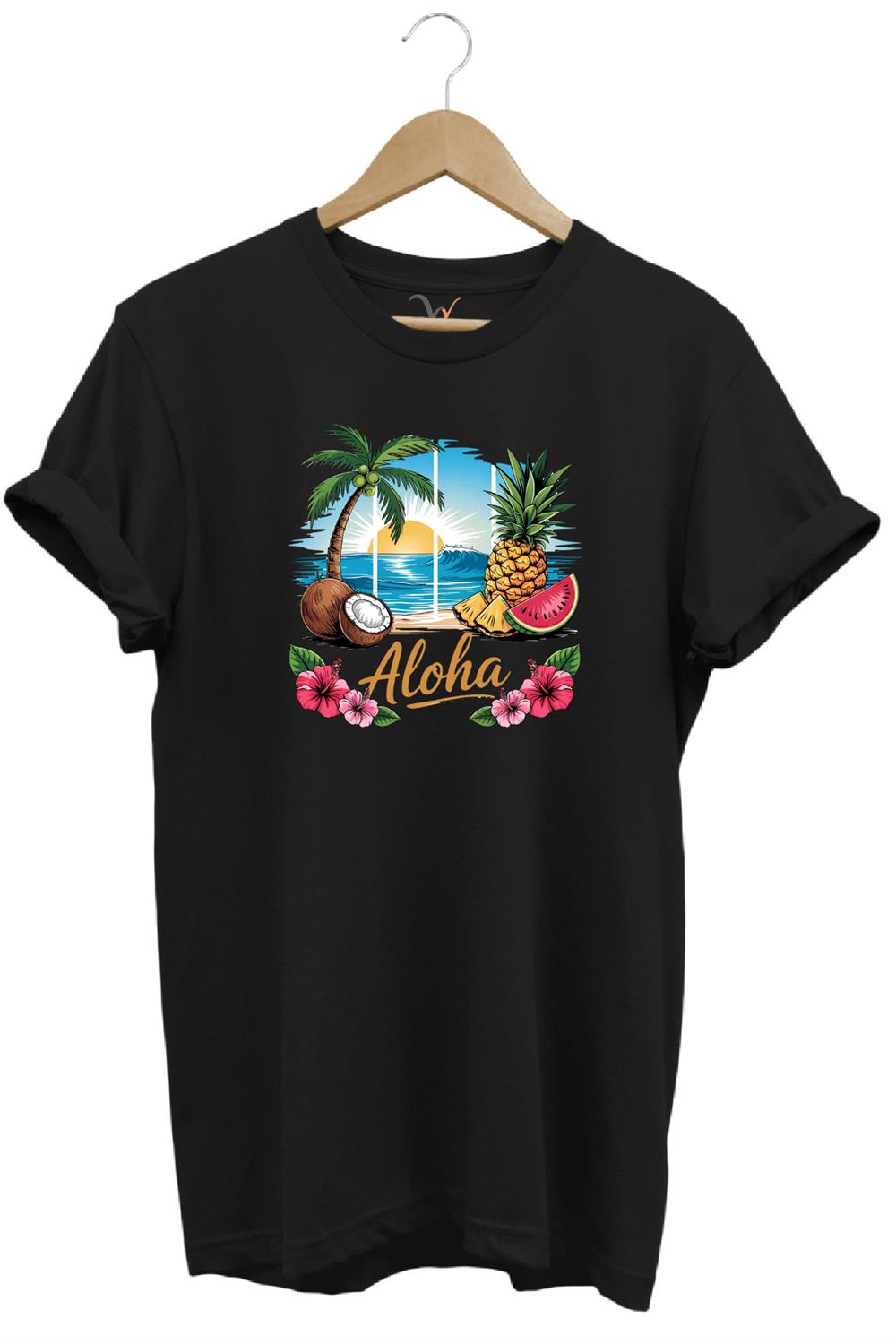 Summer Vibes Aloha Yazılı Hindistan Cevizi Yaz Kumsal Baskılı %100 Pamuk Unisex Regular Fit T-Shirt - Siyah